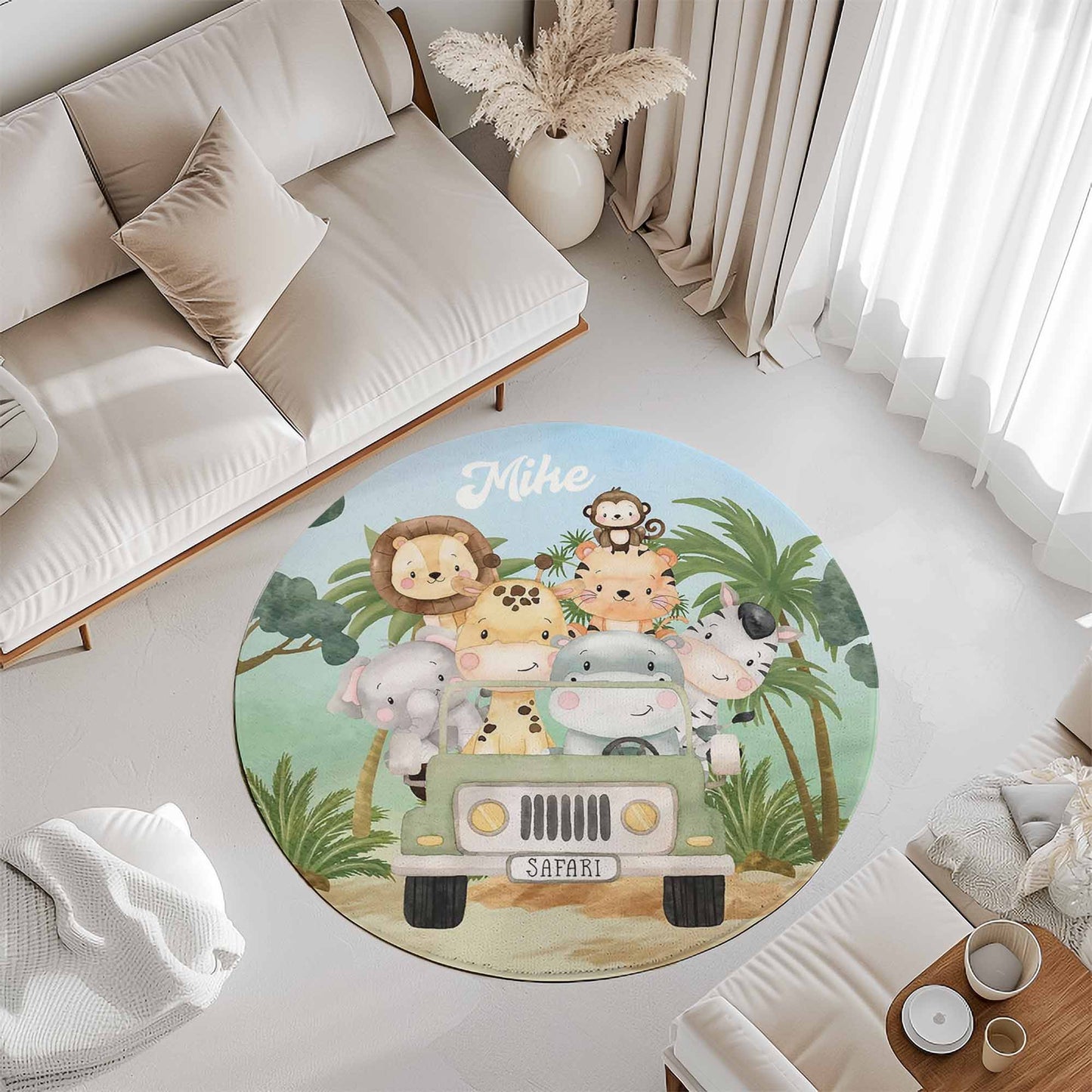 Safari Animals In Car Round Rug