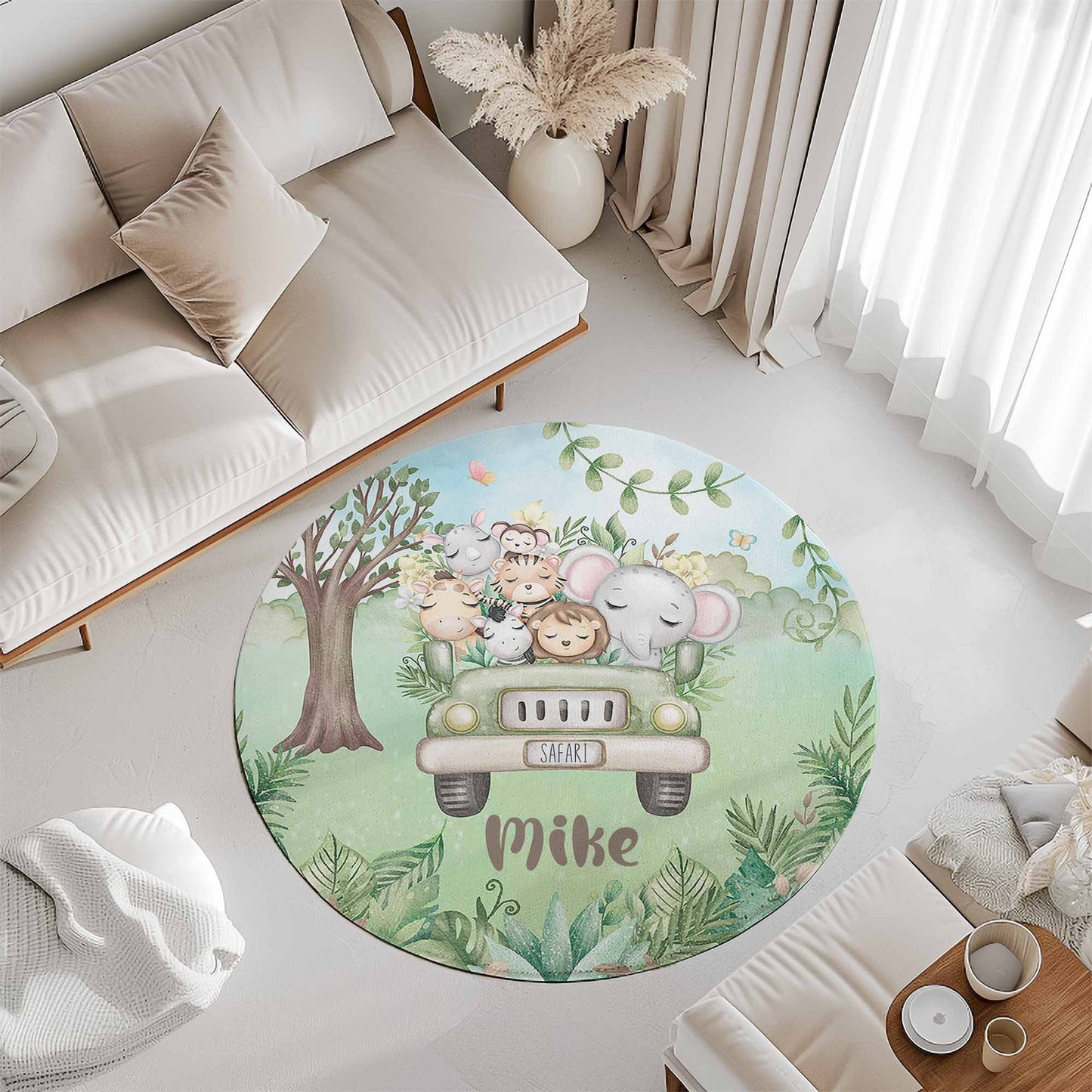 Safari Animals In Car Round Rug