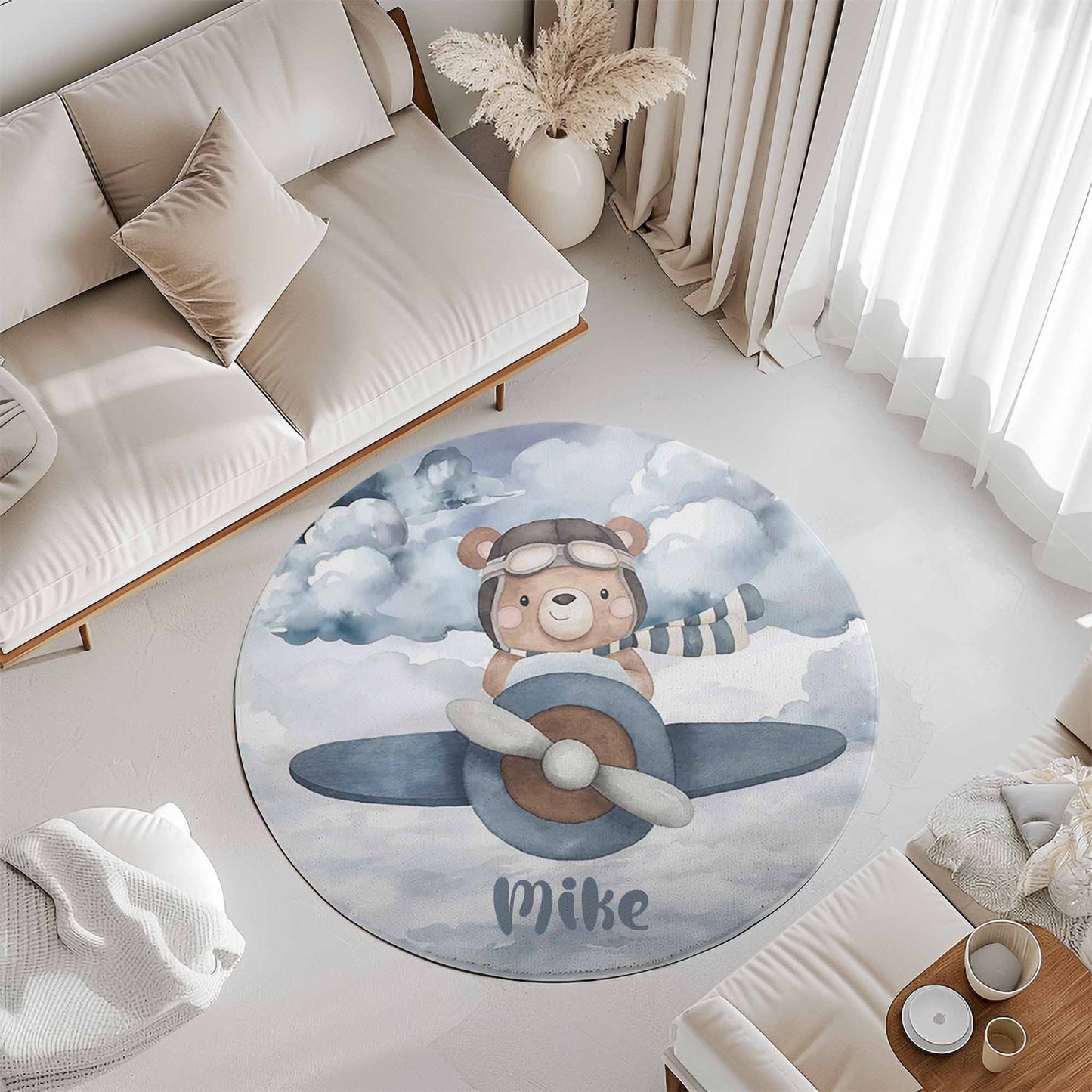Pilot Bear On Plane Round Rug