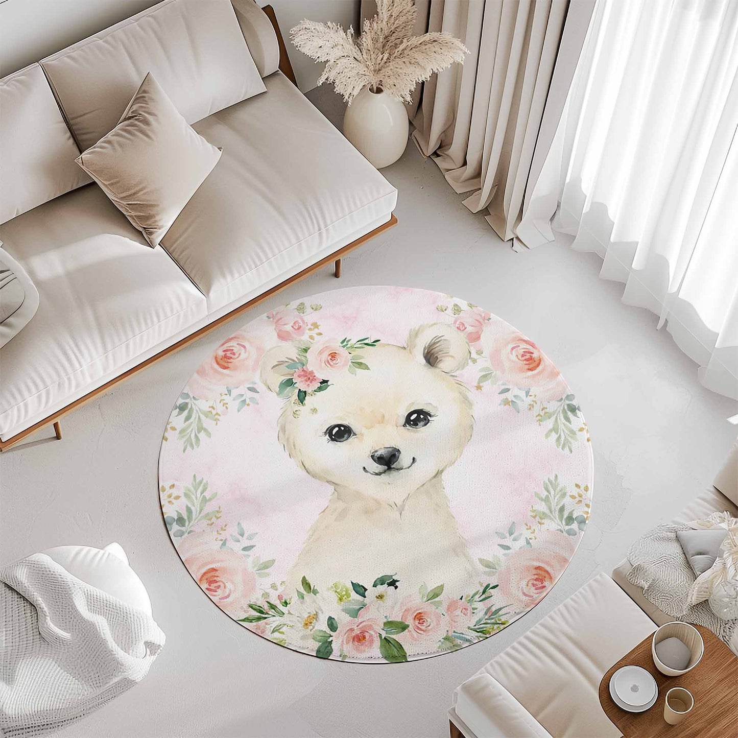 Baby Polar Bear Rose Floral Round Rug