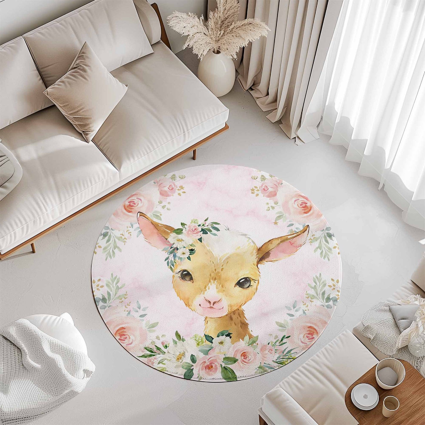 Baby Goat Rose Floral Round Rug