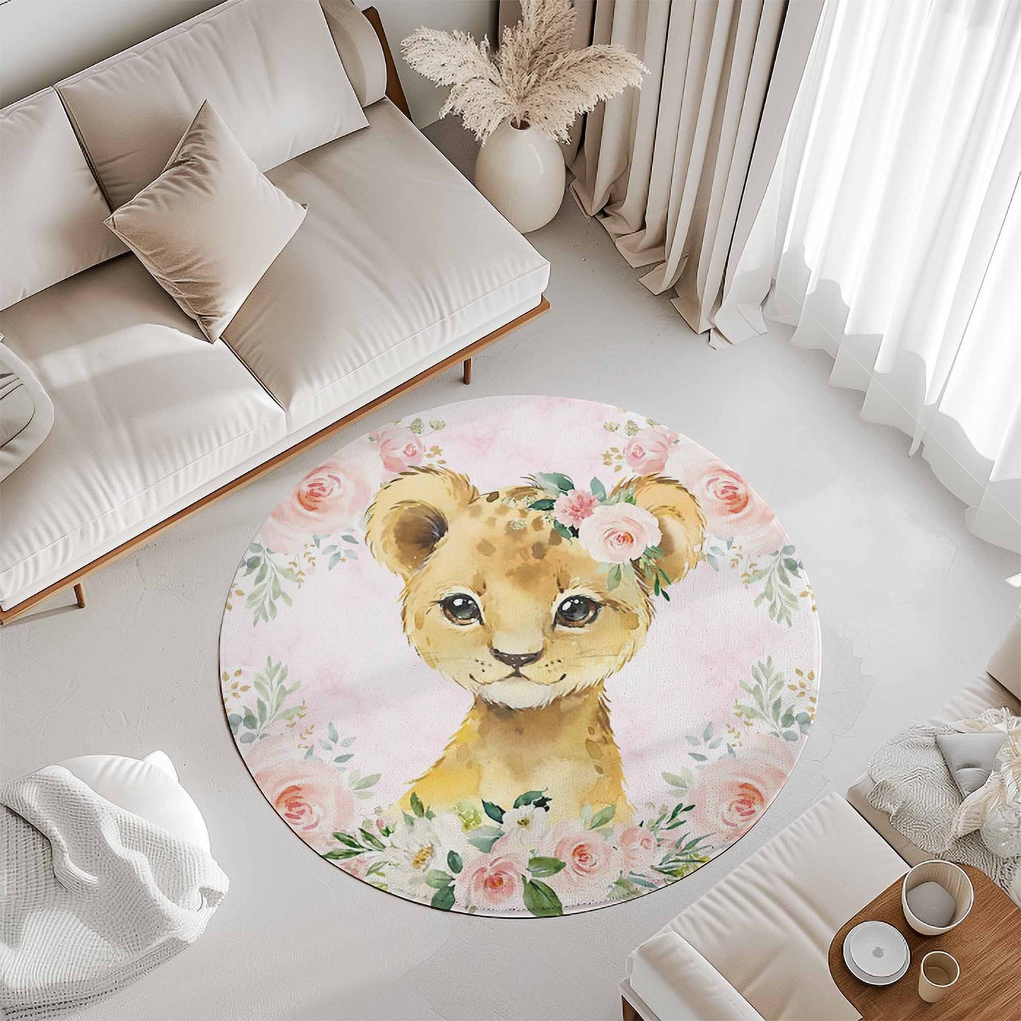 Baby Lion Rose Floral Round Rug