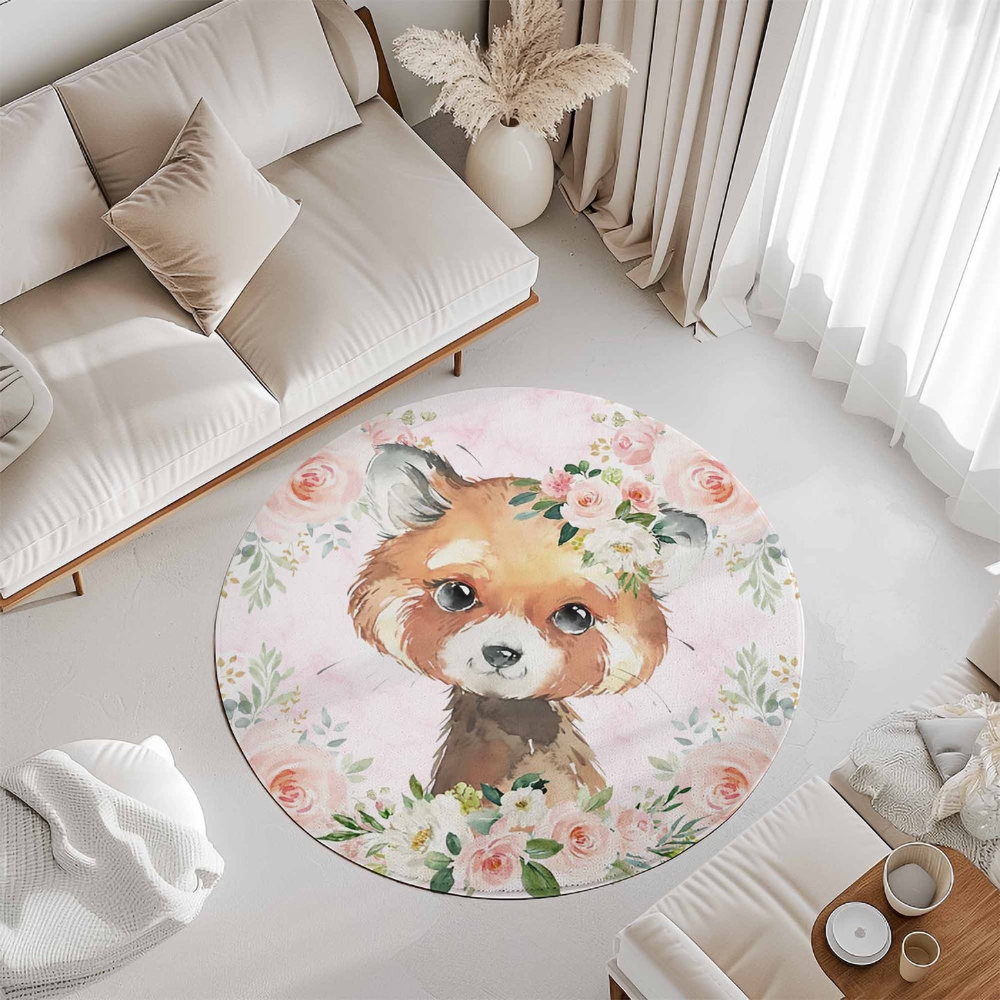 Baby Red Panda Rose Floral Round Rug