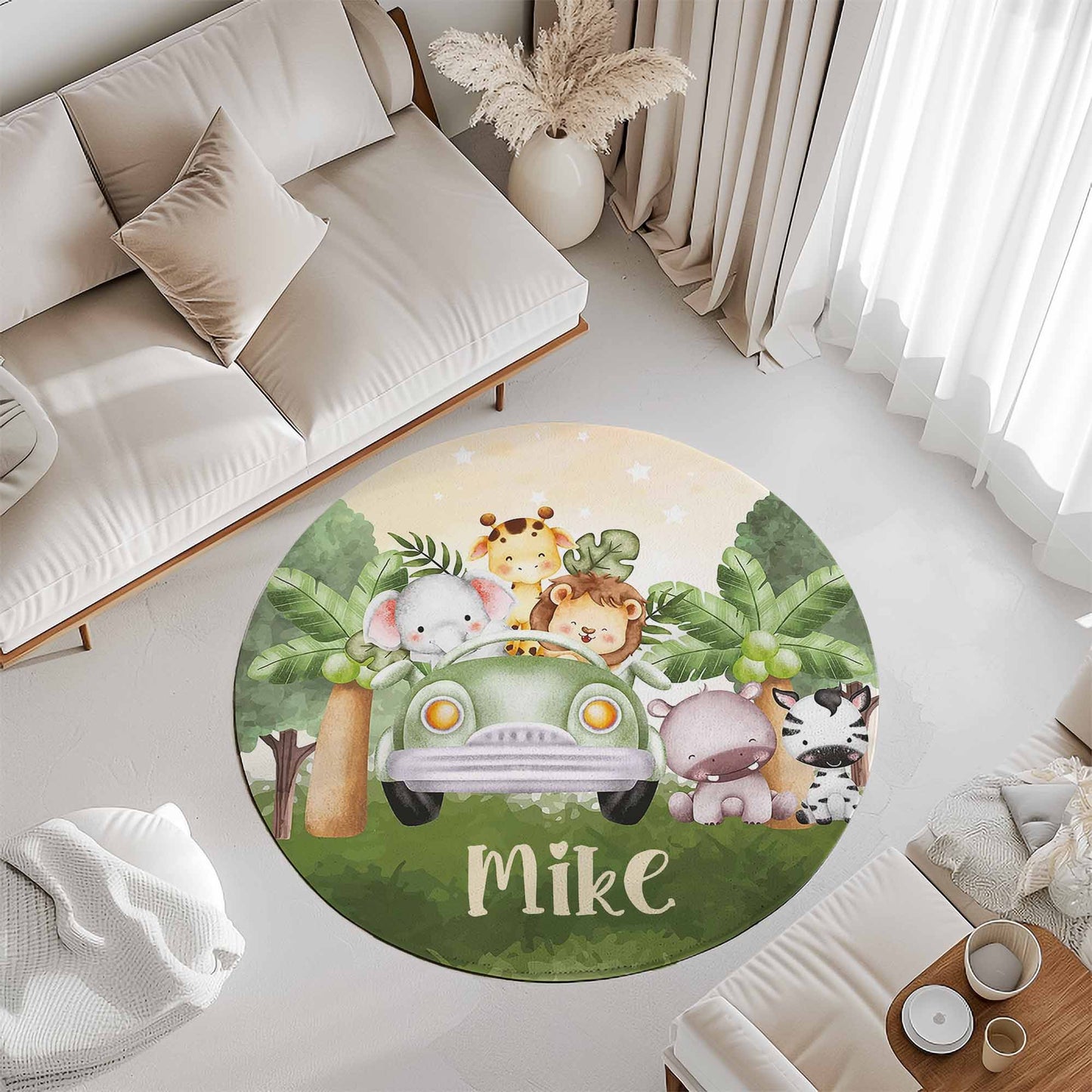 Safari Animals In Car Round Rug