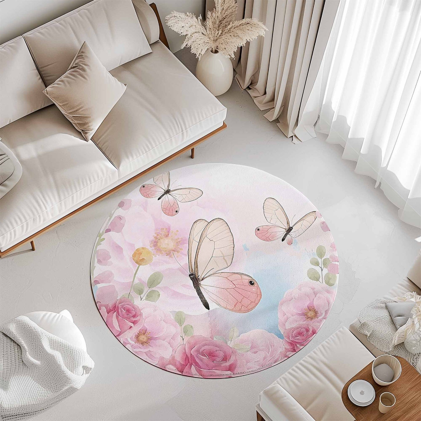 Spring Floral Butterfly Round Rug