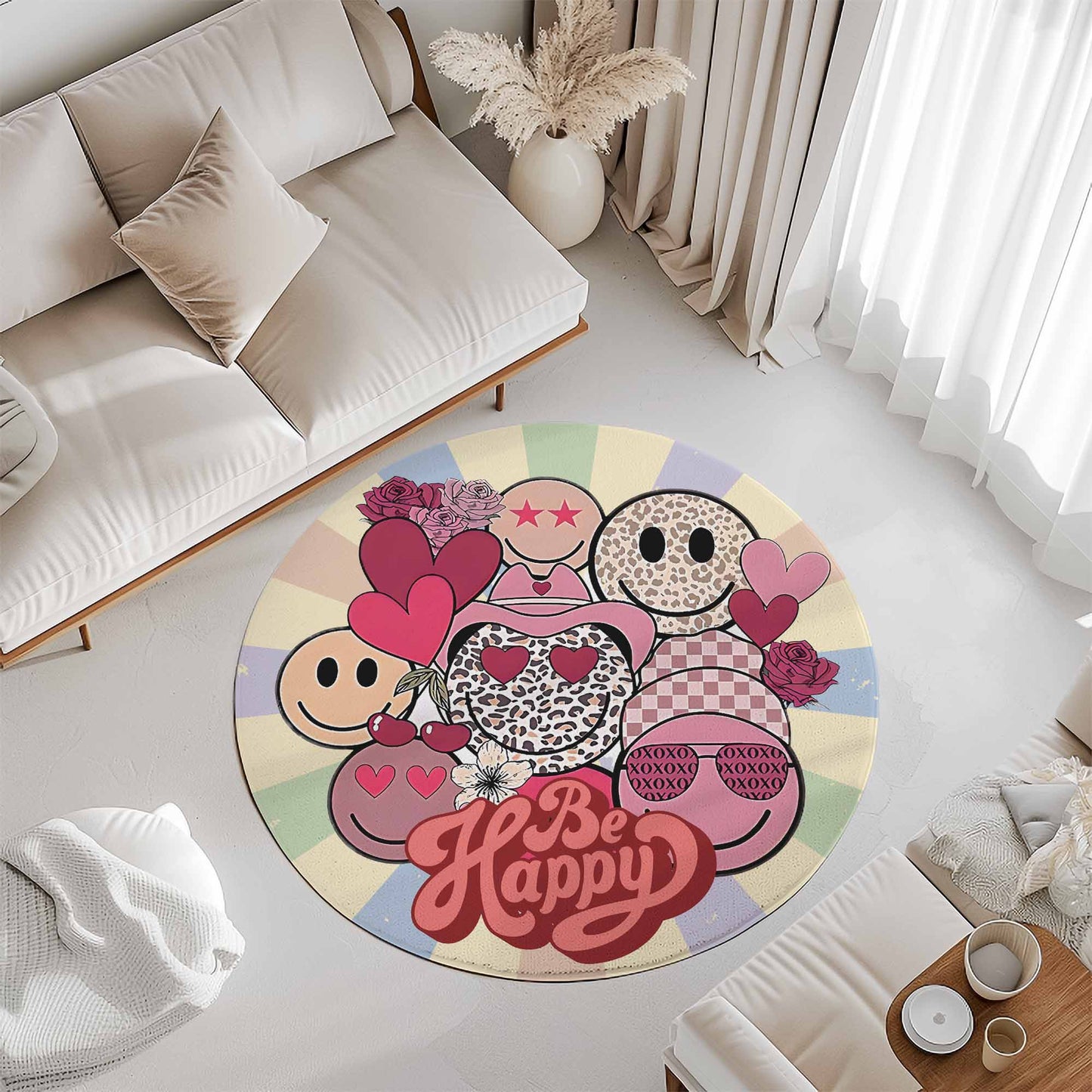 Be Happy Smile Face Round Rug