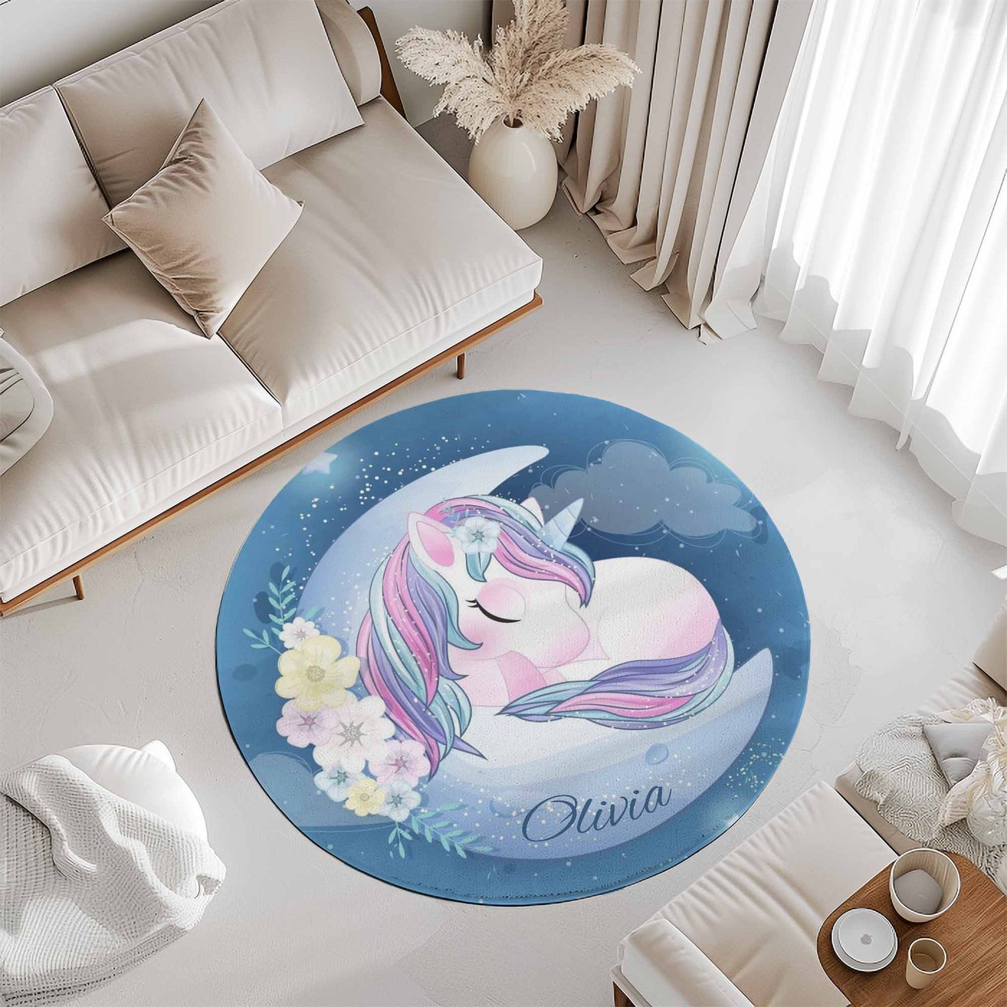 Baby Unicorn Floral Moon Round Rug