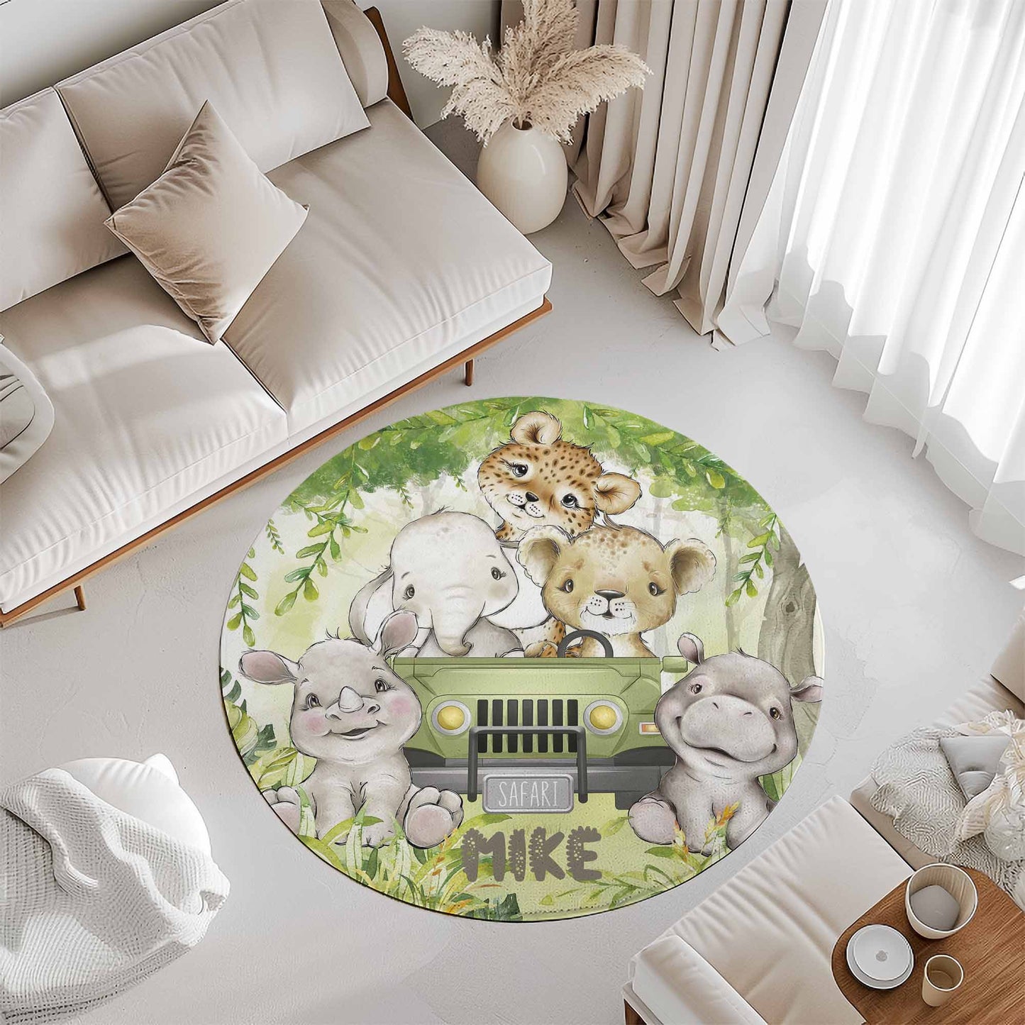 Safari Animals In Car Round Rug