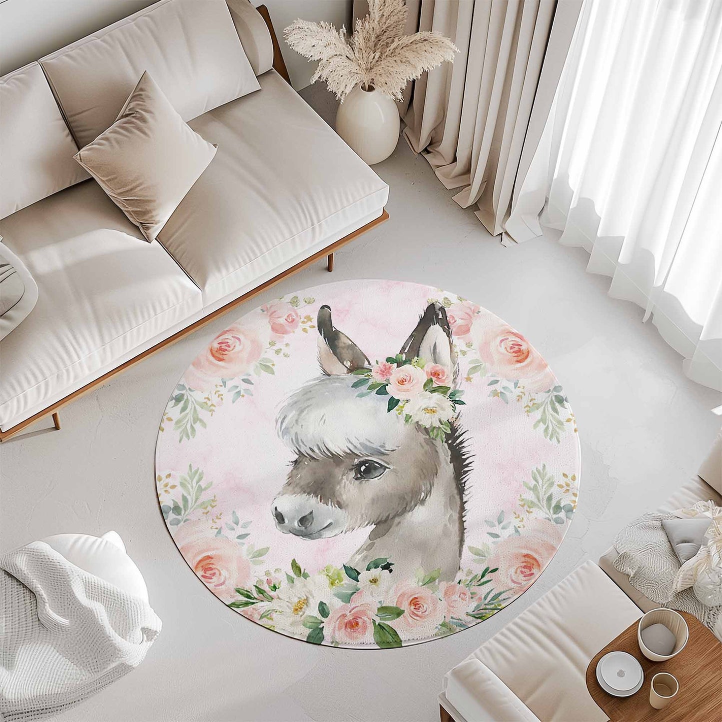 Baby Horse Rose Floral Round Rug