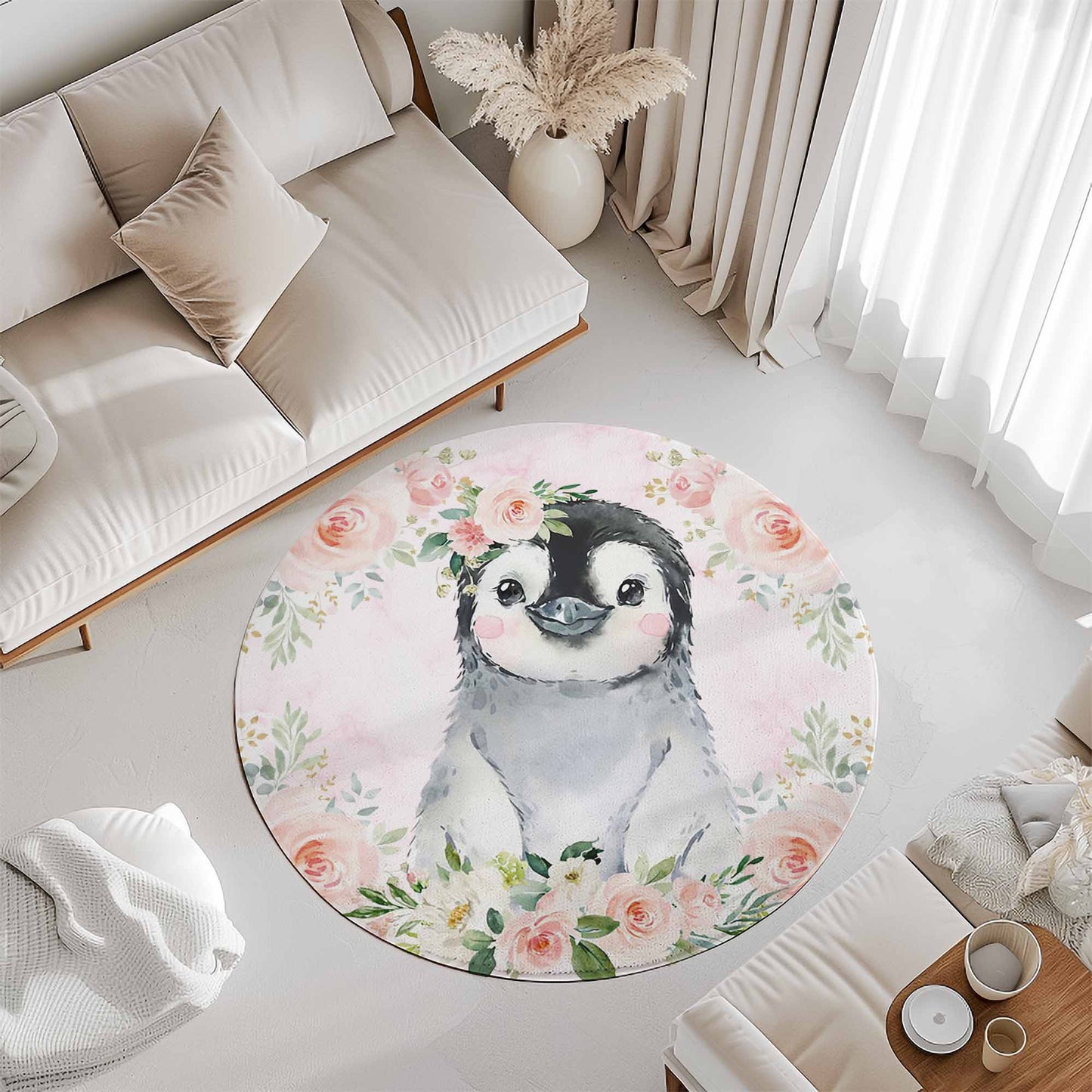 Baby Penguin Rose Floral Round Rug