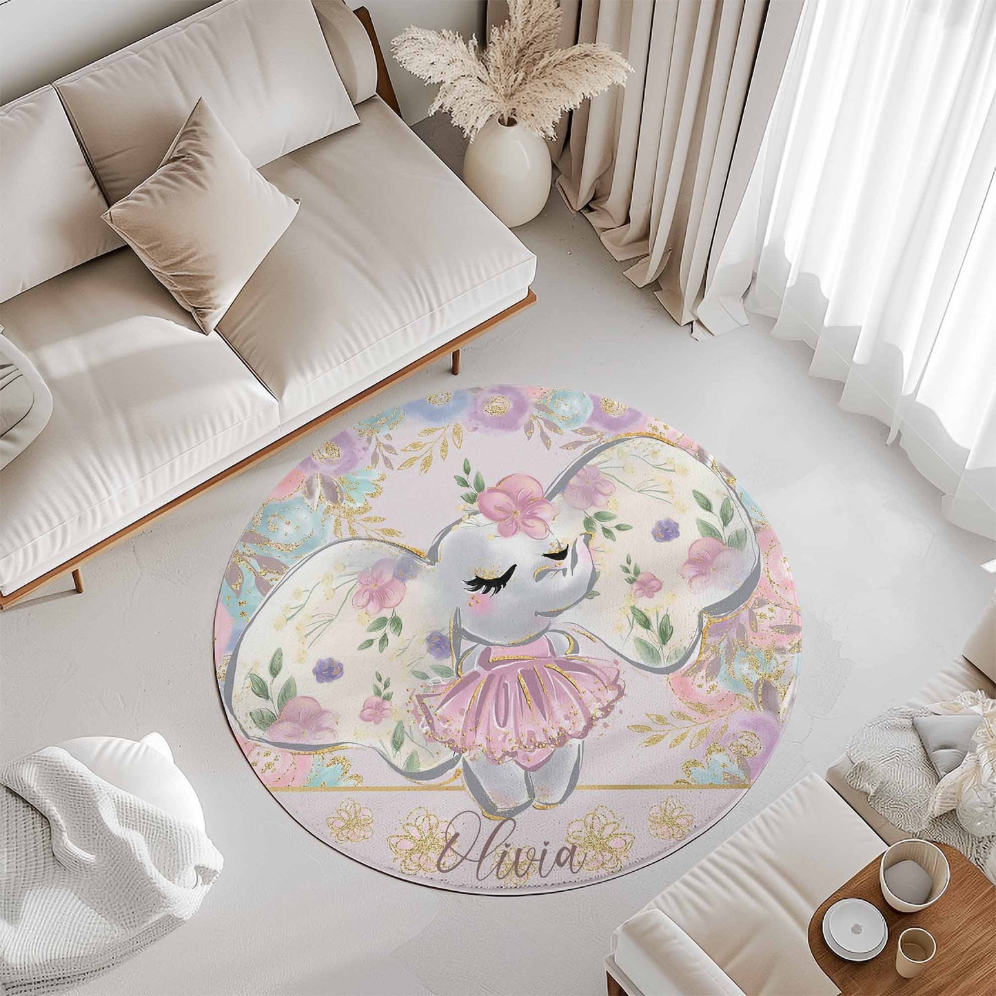 Ballerina Elephant Floral Round Rug