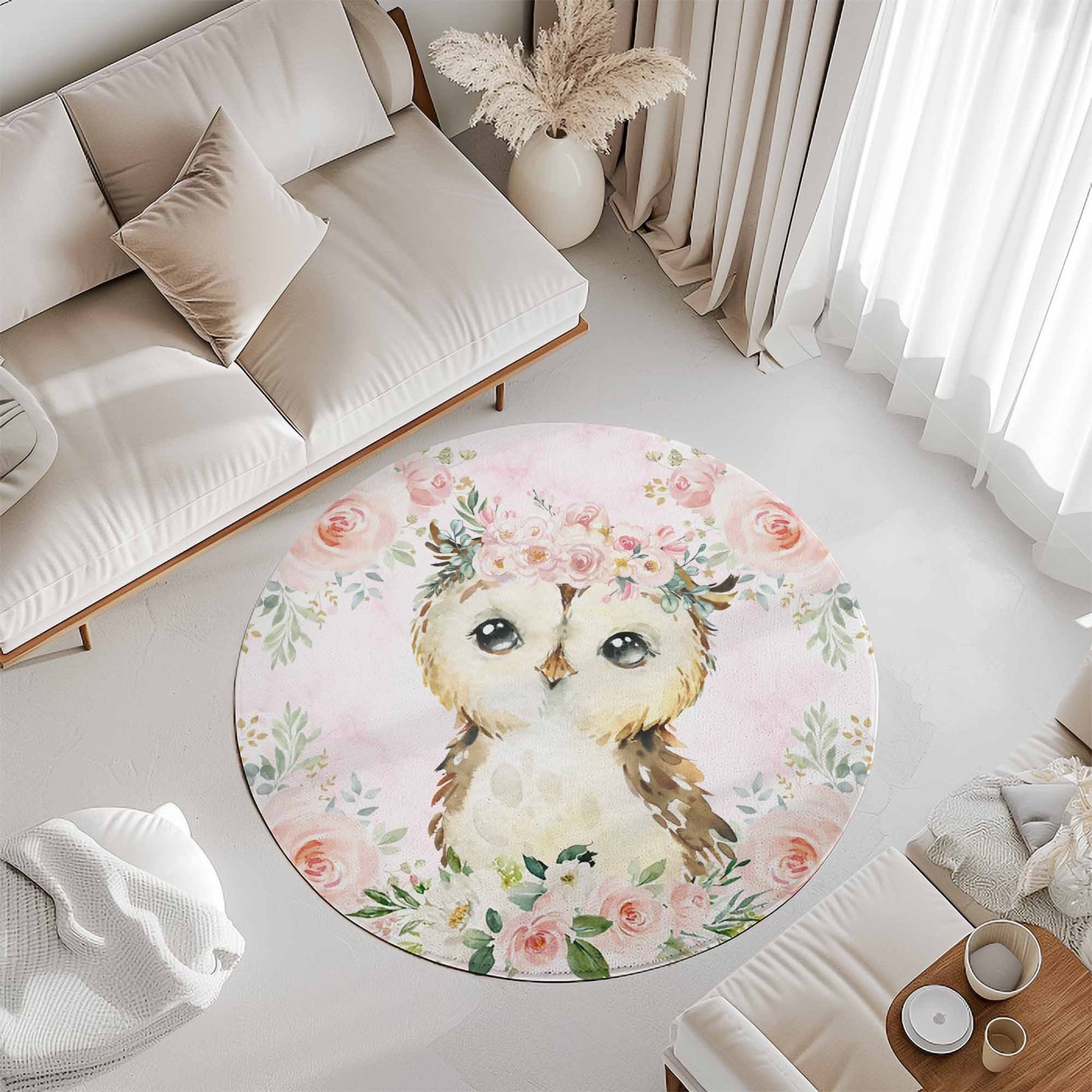 Baby Owl Rose Floral Round Rug