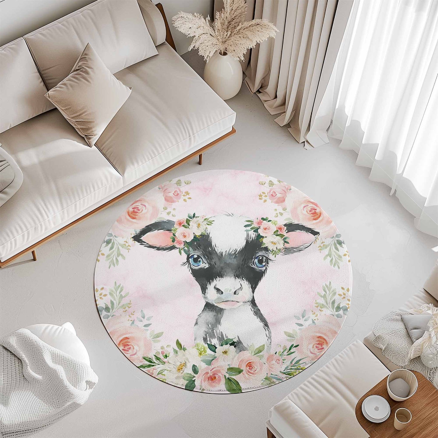 Baby Cow Rose Floral Round Rug