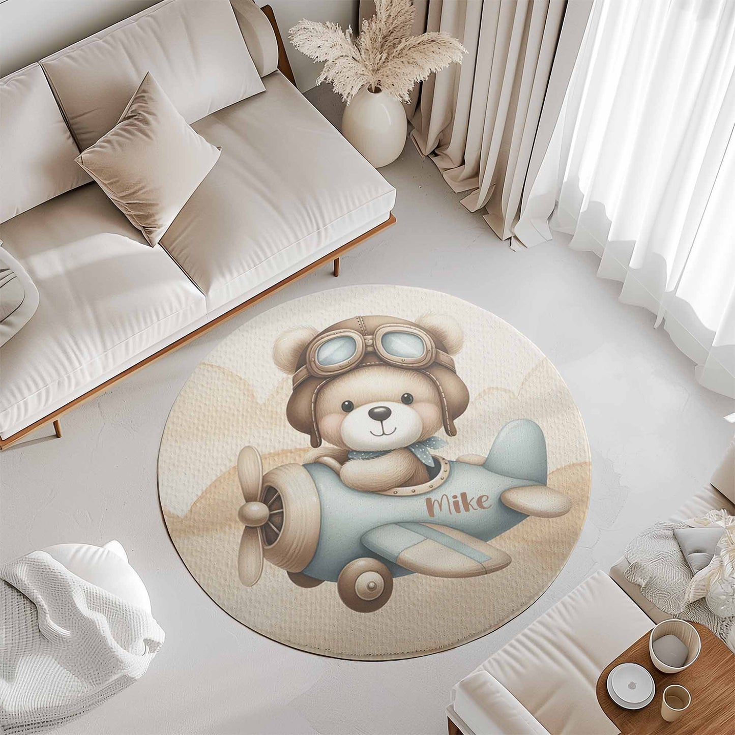 Pilot Bear On Plane Round Rug