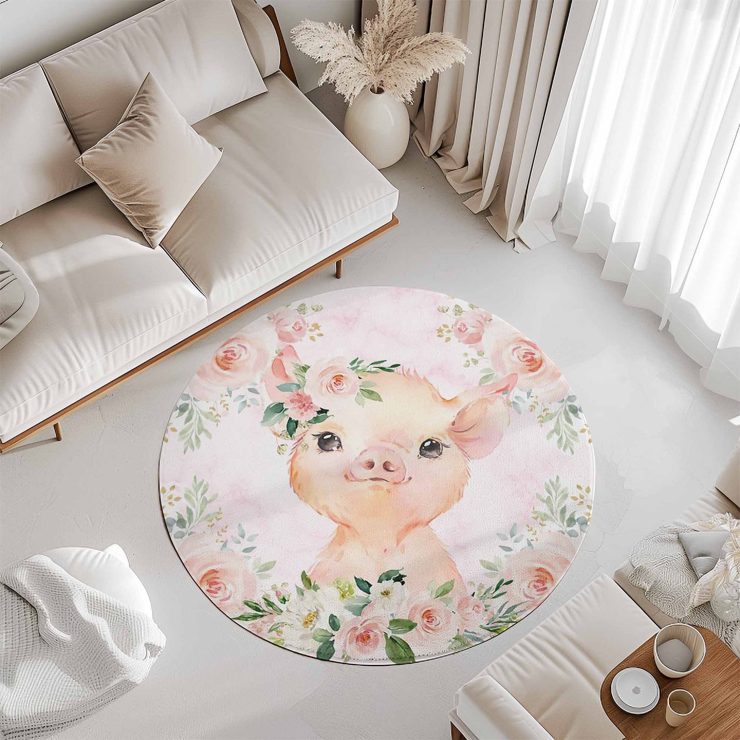 Baby Pig Rose Floral Round Rug