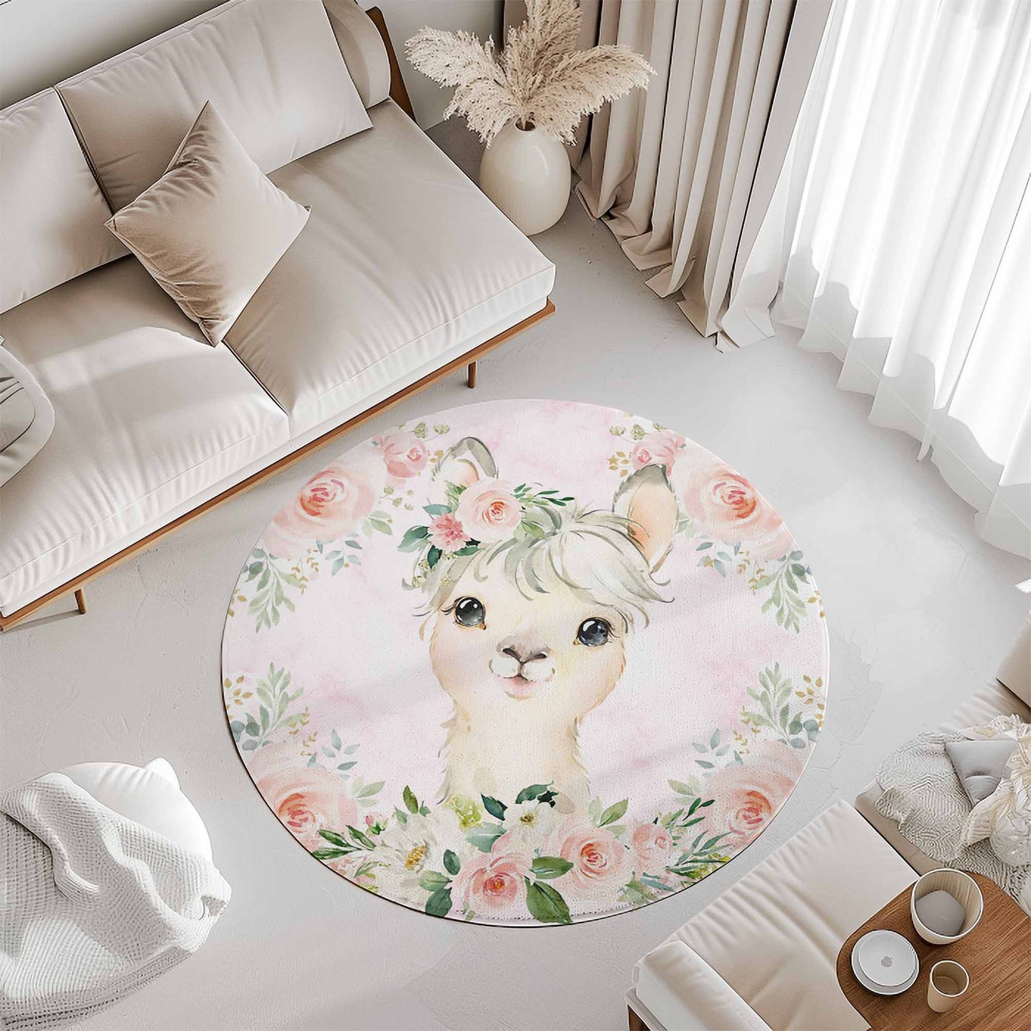 Baby Llama Rose Floral Round Rug