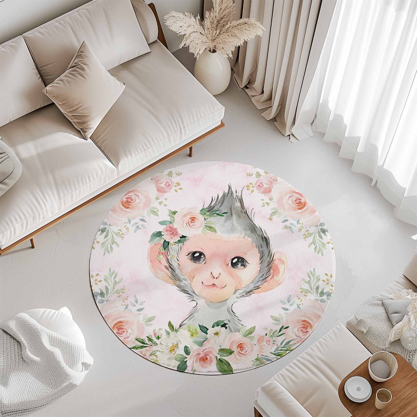 Baby Monkey Rose Floral Round Rug