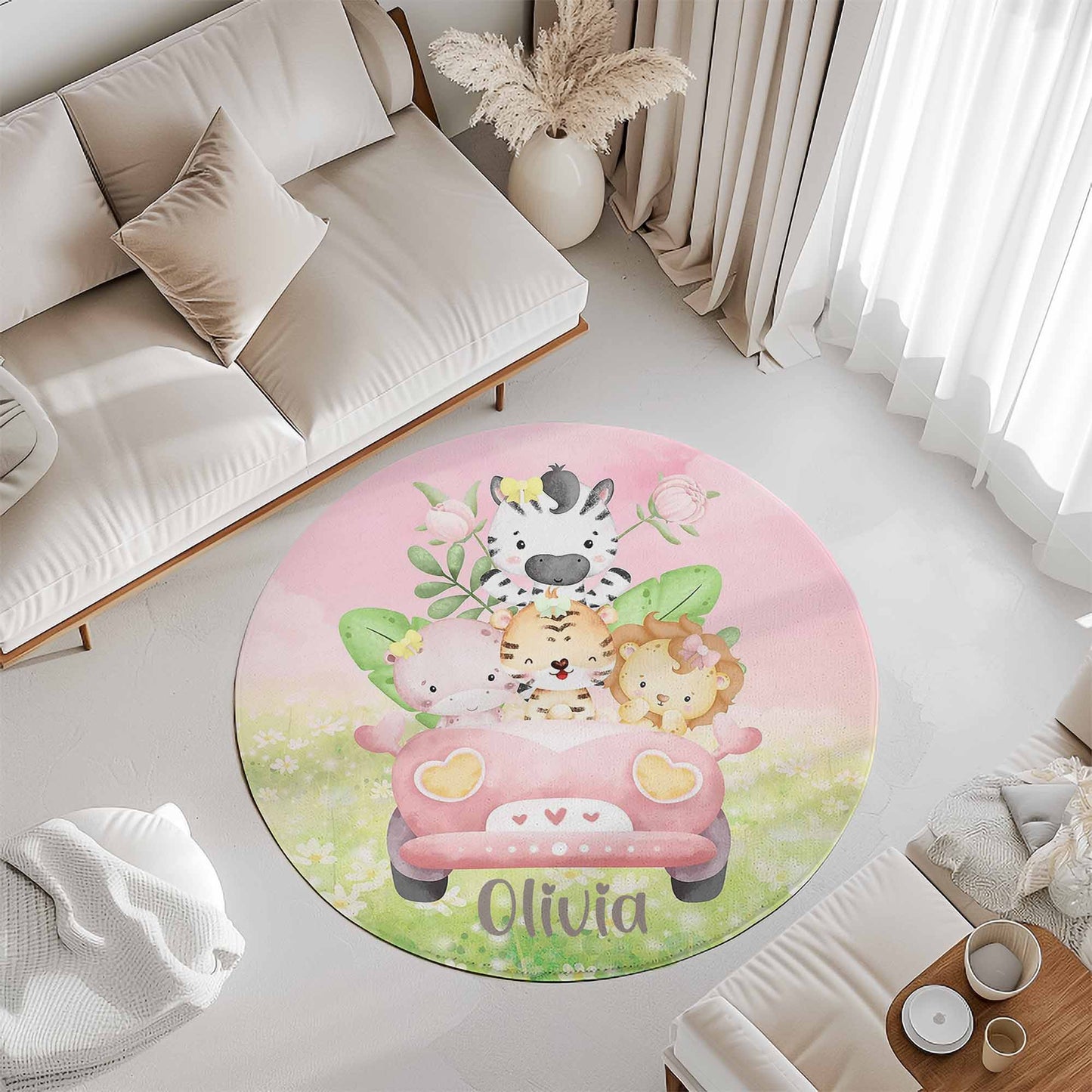 Safari Animals In Car Round Rug