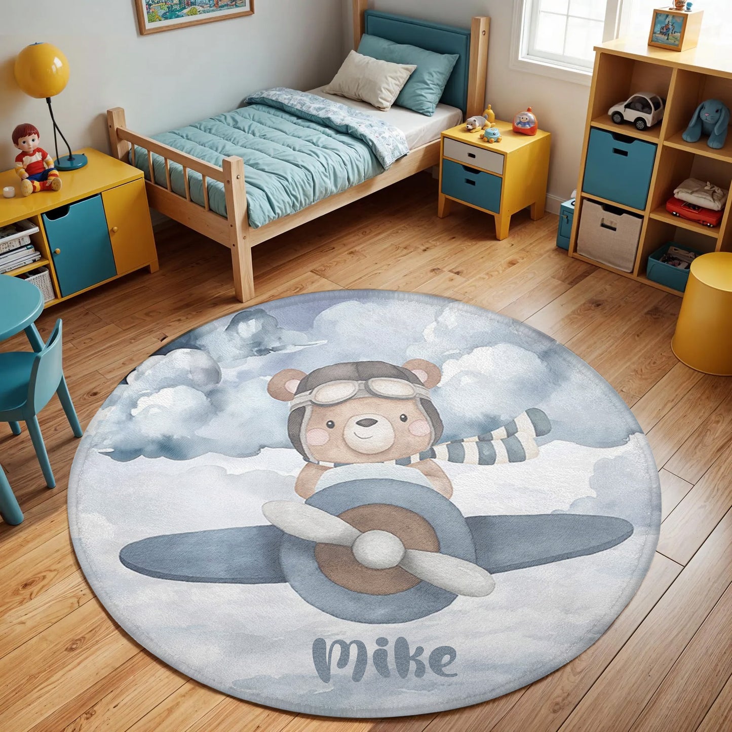 Pilot Bear On Plane Round Rug