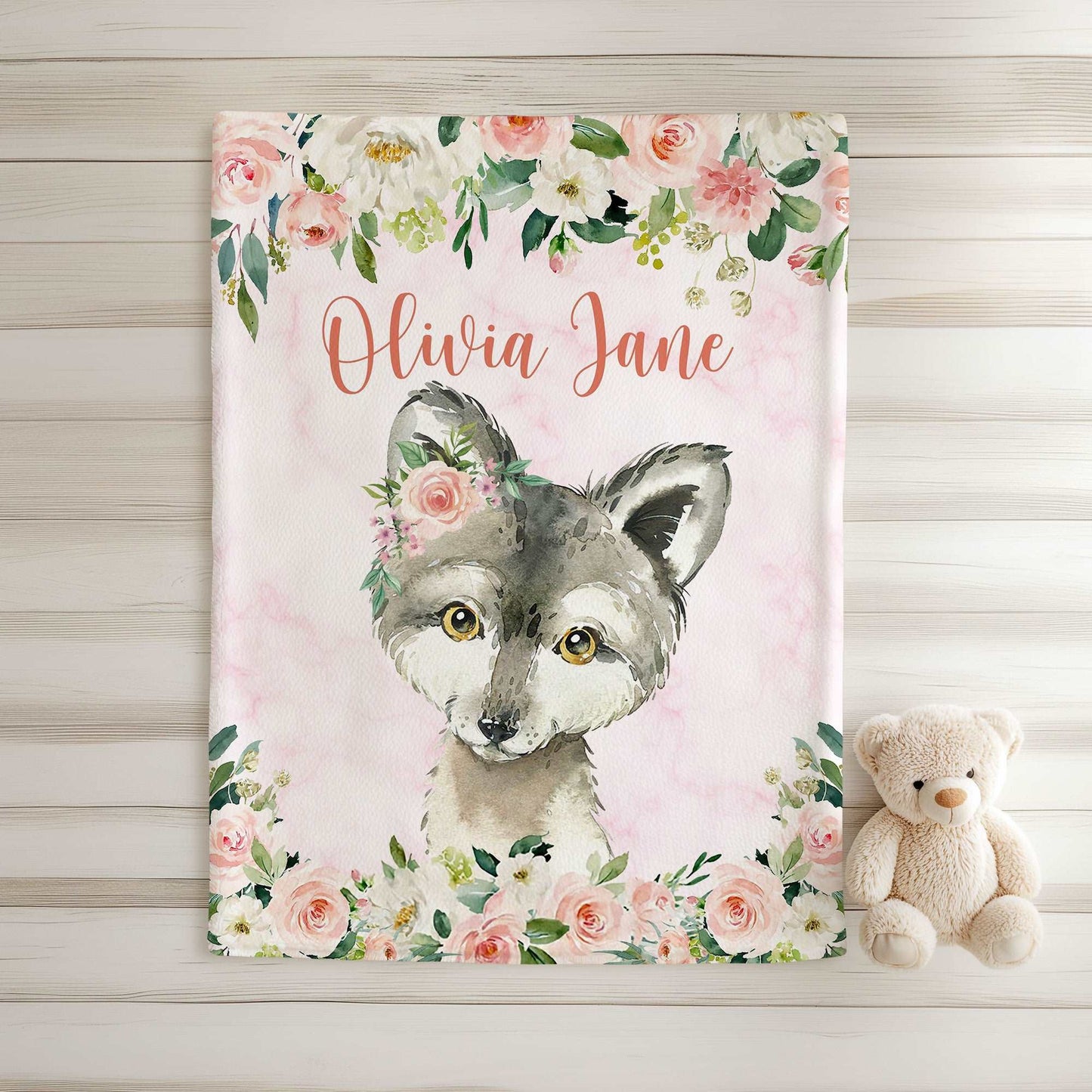 Baby Wolf Floral Blanket