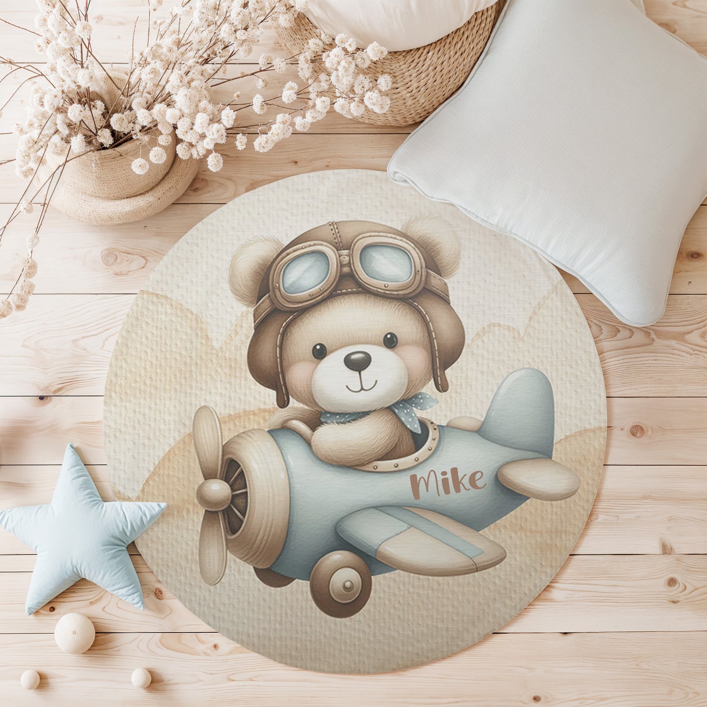 Pilot Bear On Plane Round Rug