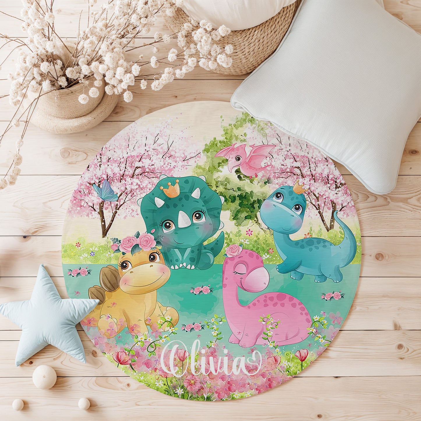 Dinosaur Floral Round Rug