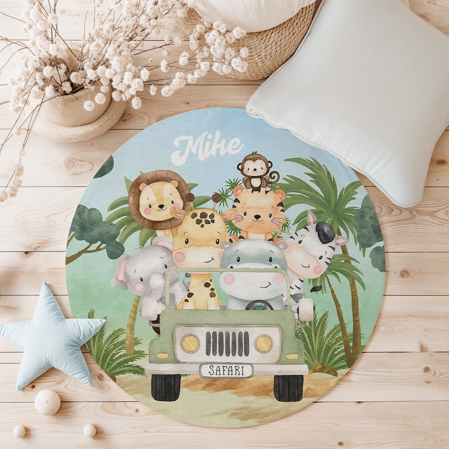 Safari Animals In Car Round Rug