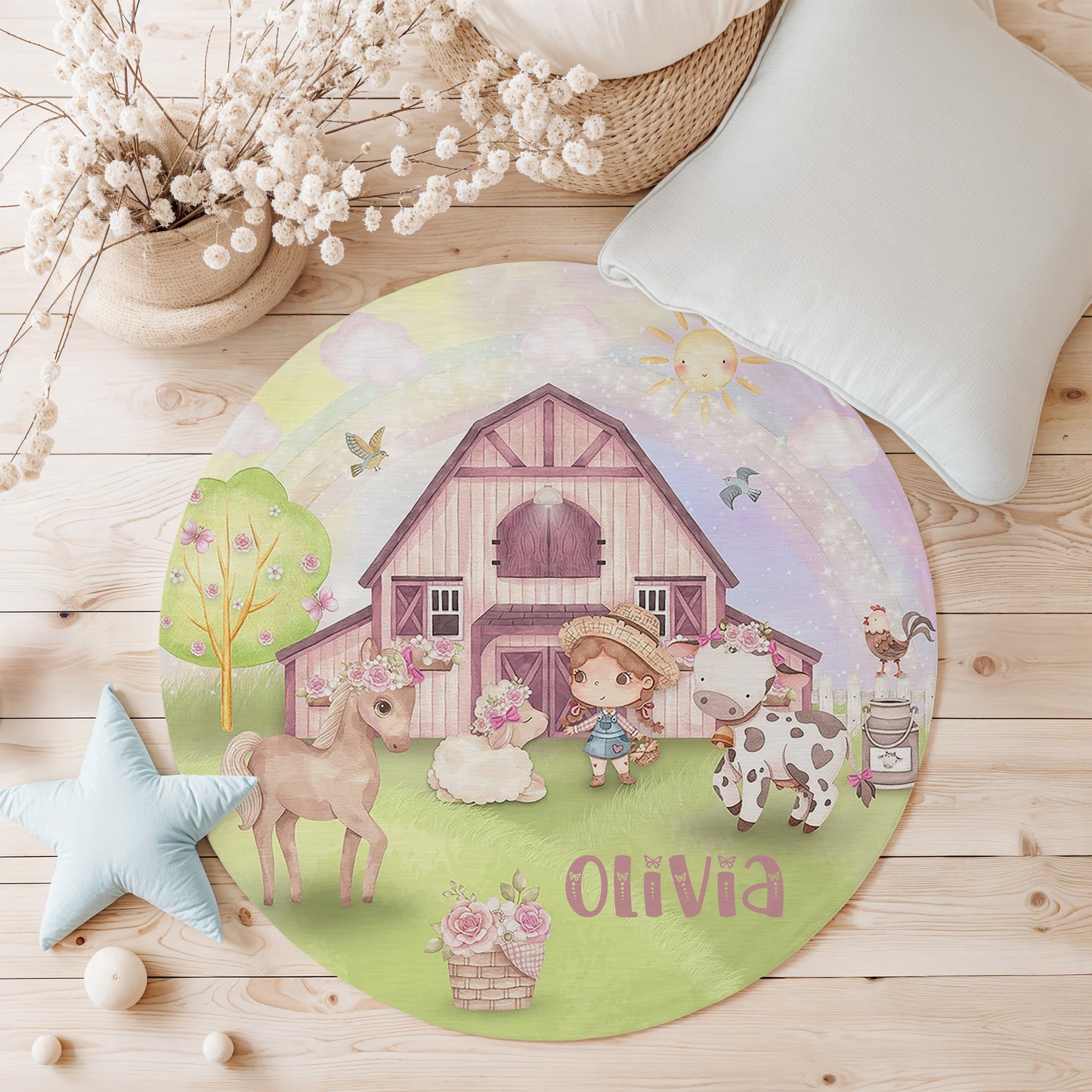 Farm Animals Girl Round Rug