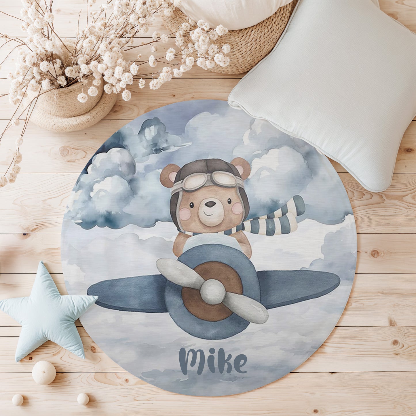 Pilot Bear On Plane Round Rug