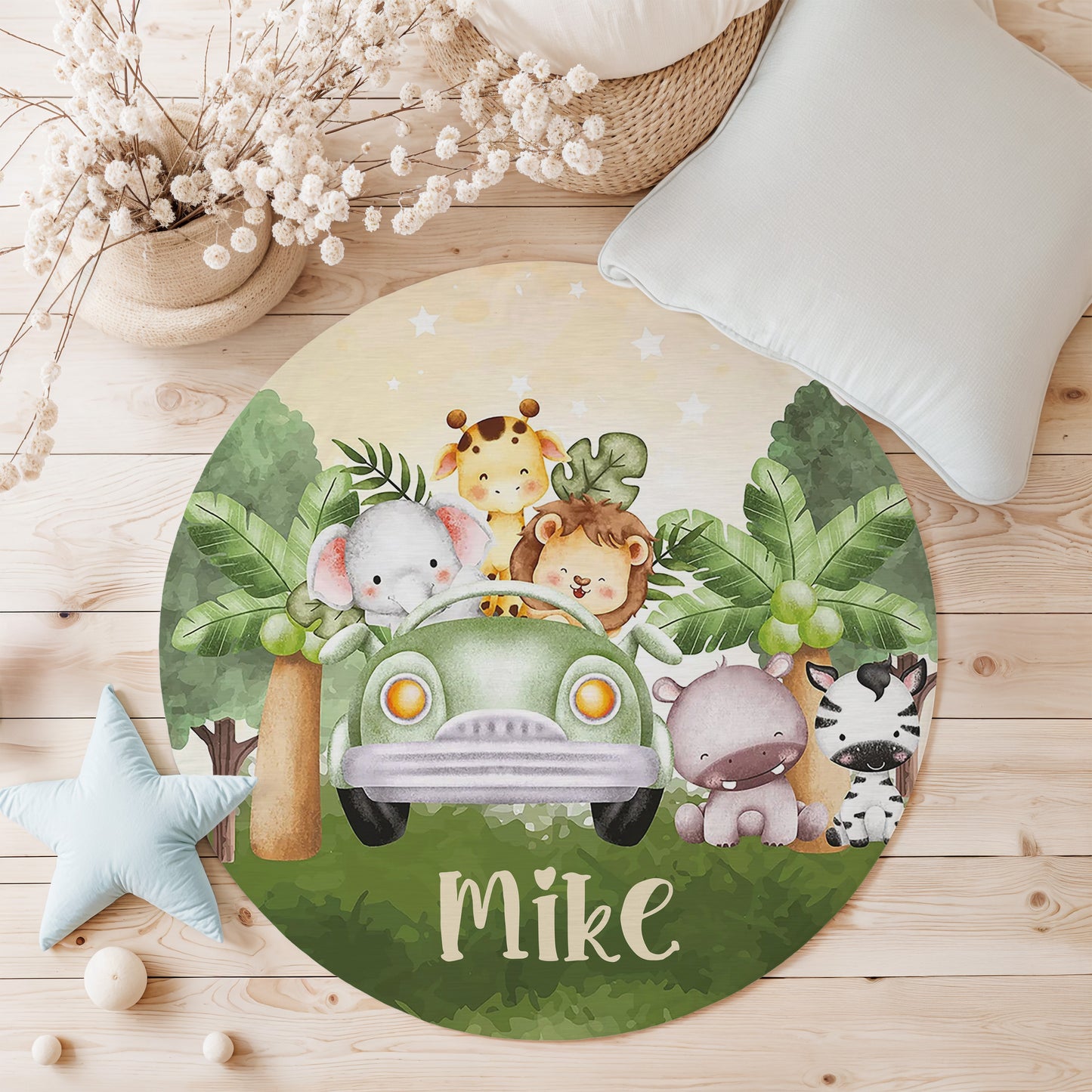 Safari Animals In Car Round Rug