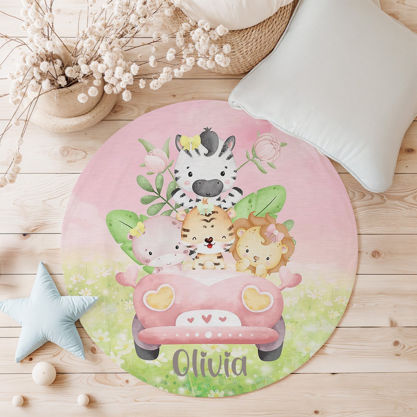 Safari Animals In Car Round Rug