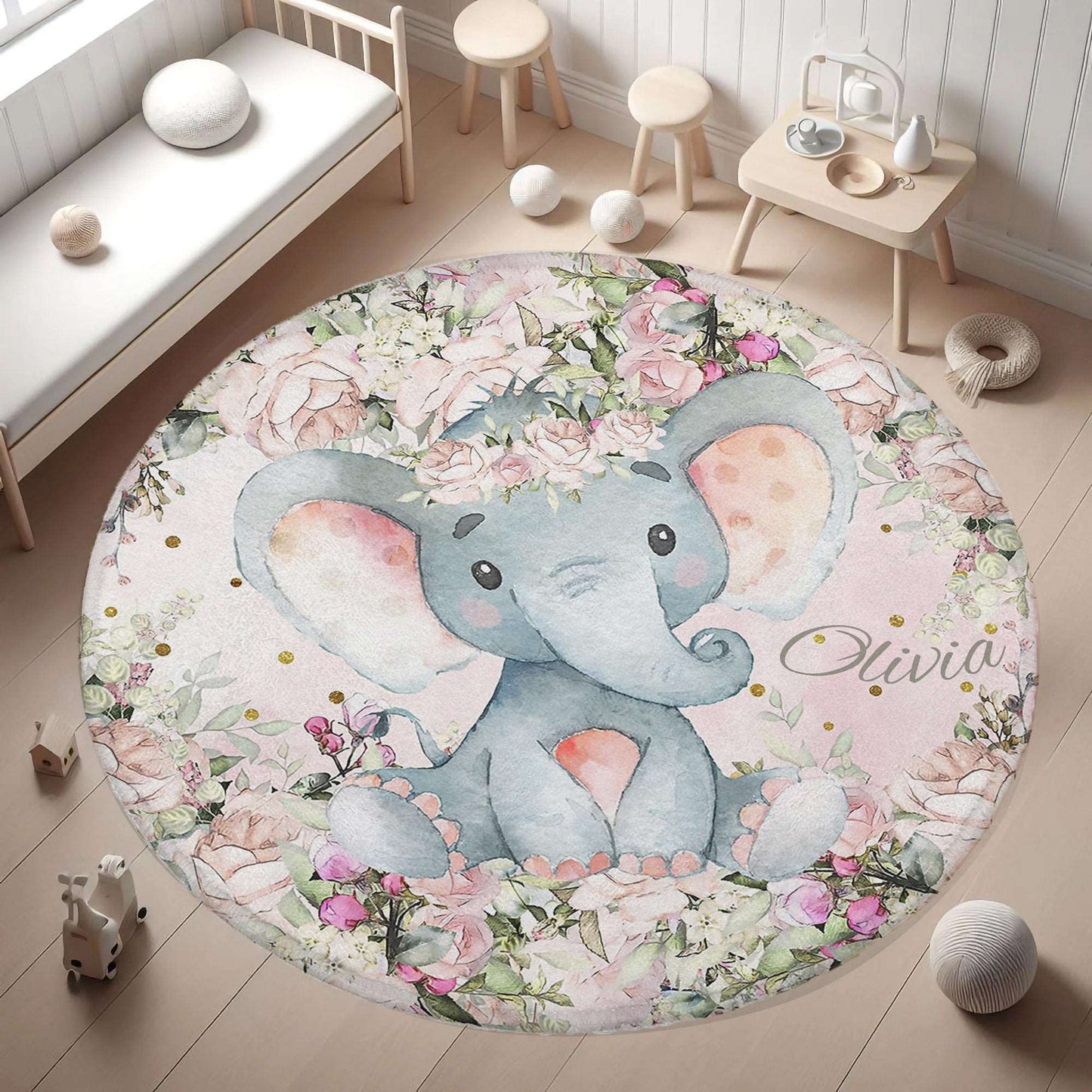 Baby Elephant Rose Floral Round Rug