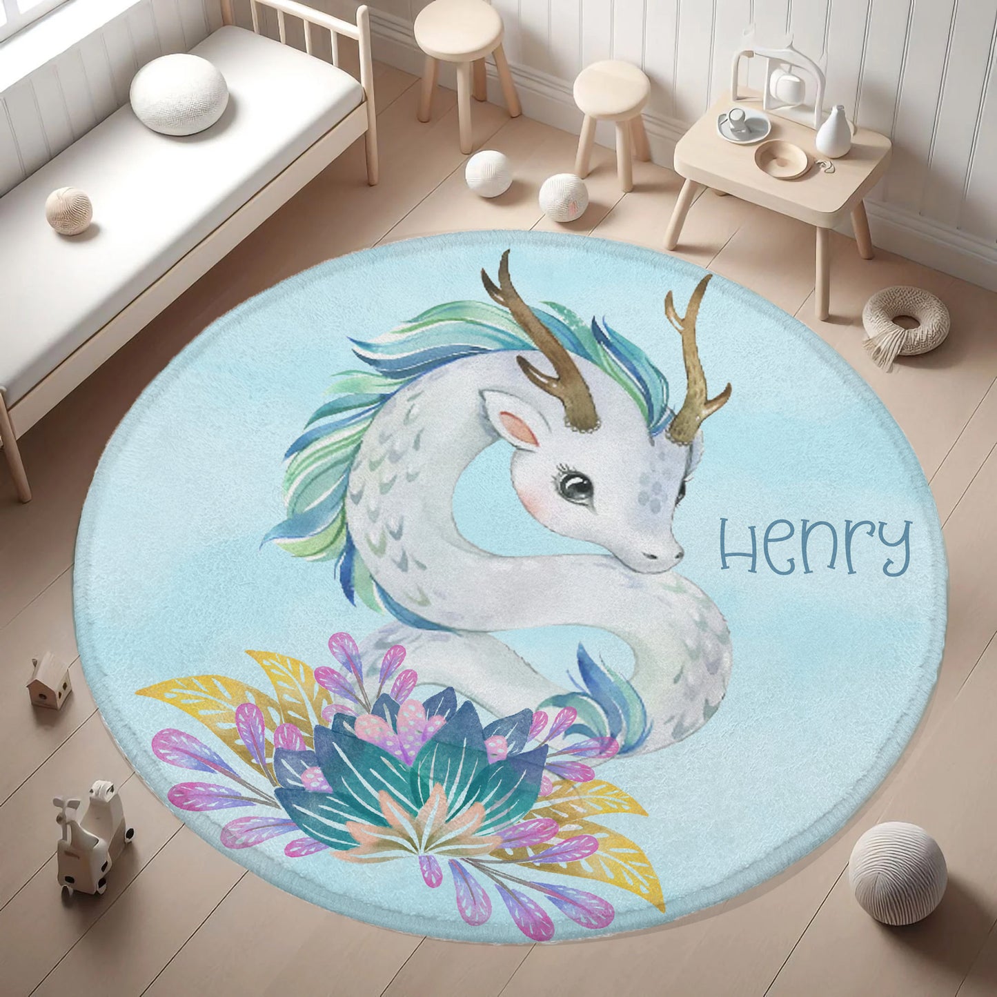 Baby Dragon Floral Round Rug