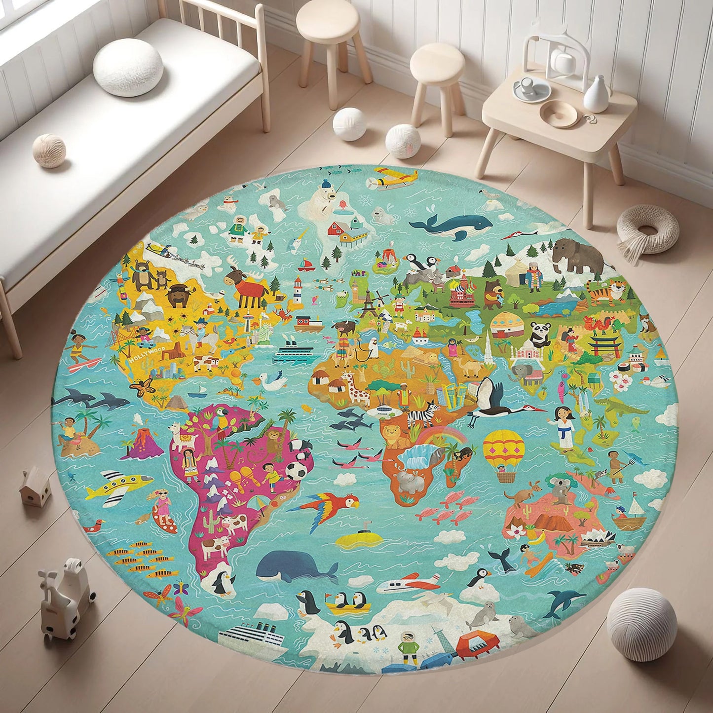 Animal World Map Round Rug