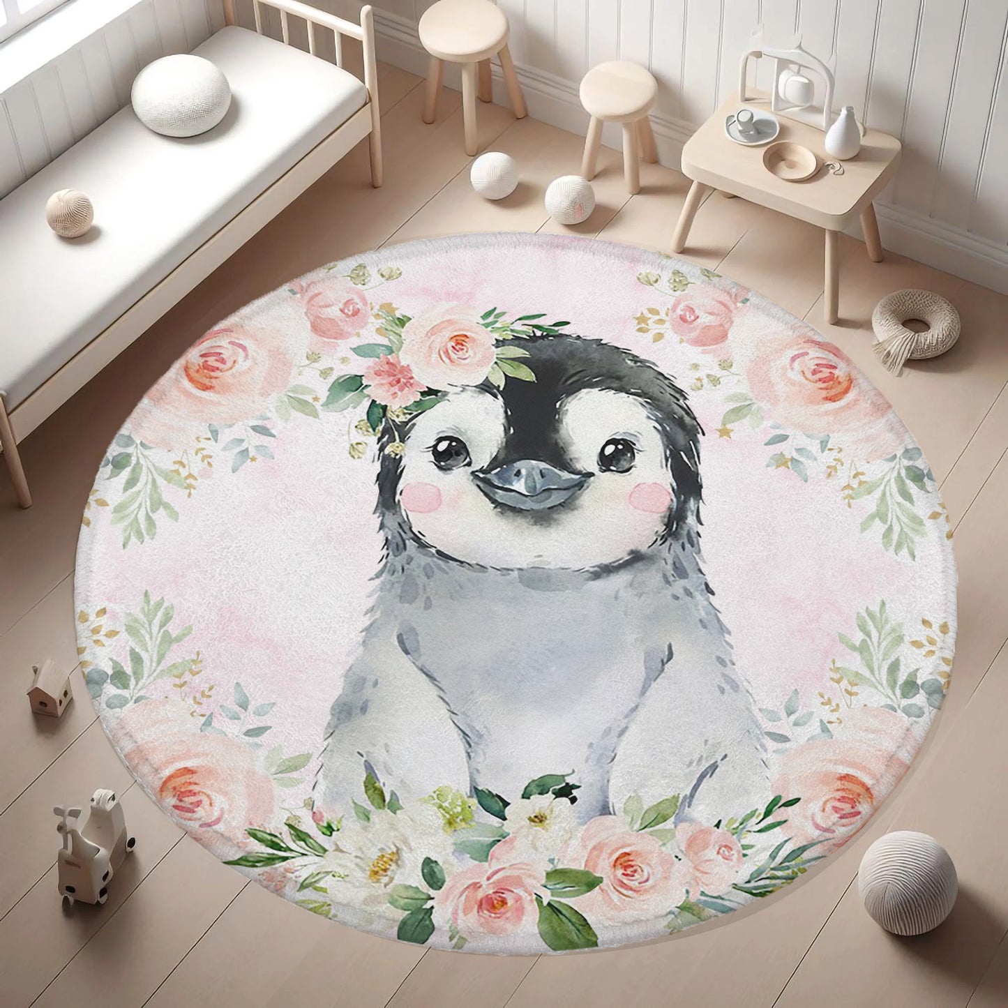Baby Penguin Rose Floral Round Rug