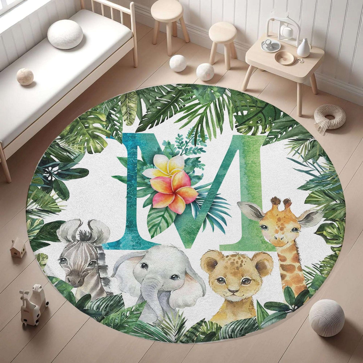 Safari Animals Alphabet Round Rug