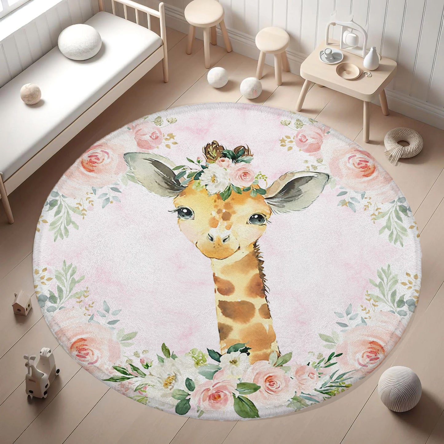 Baby Giraffe Rose Floral Round Rug