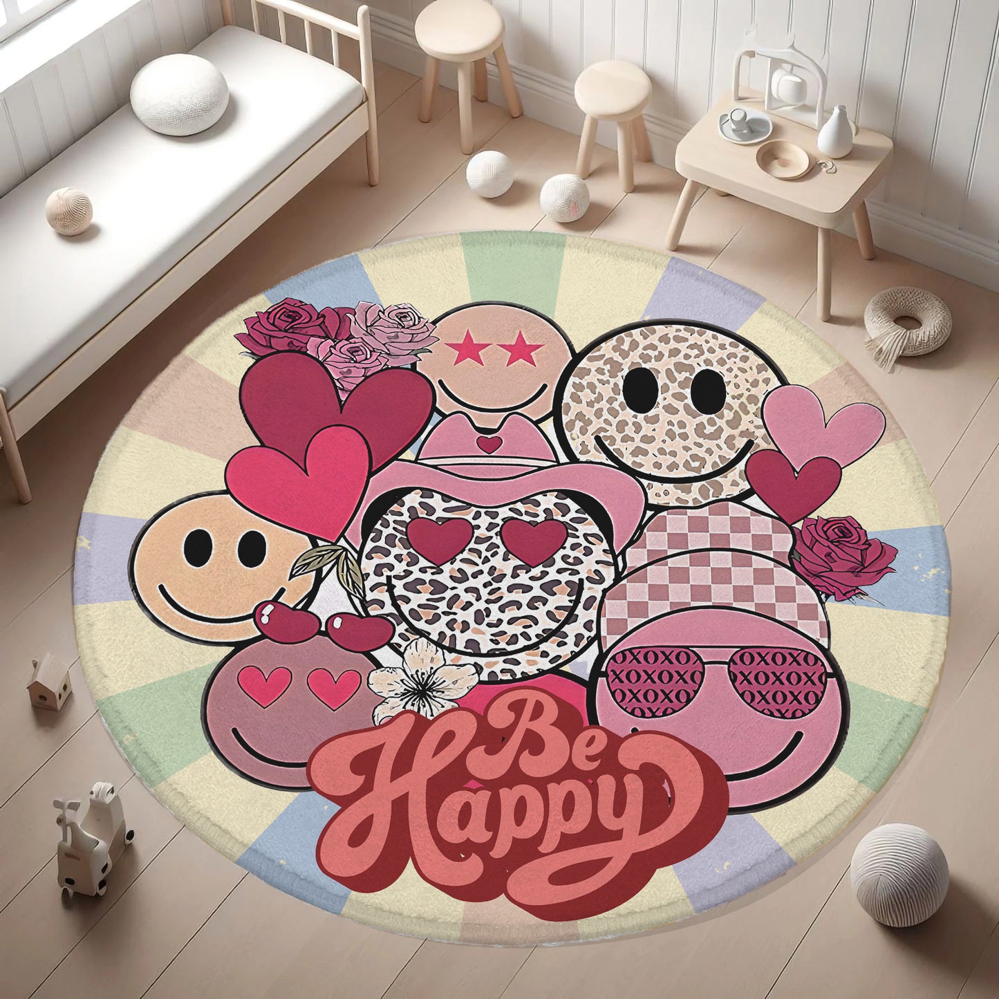 Be Happy Smile Face Round Rug