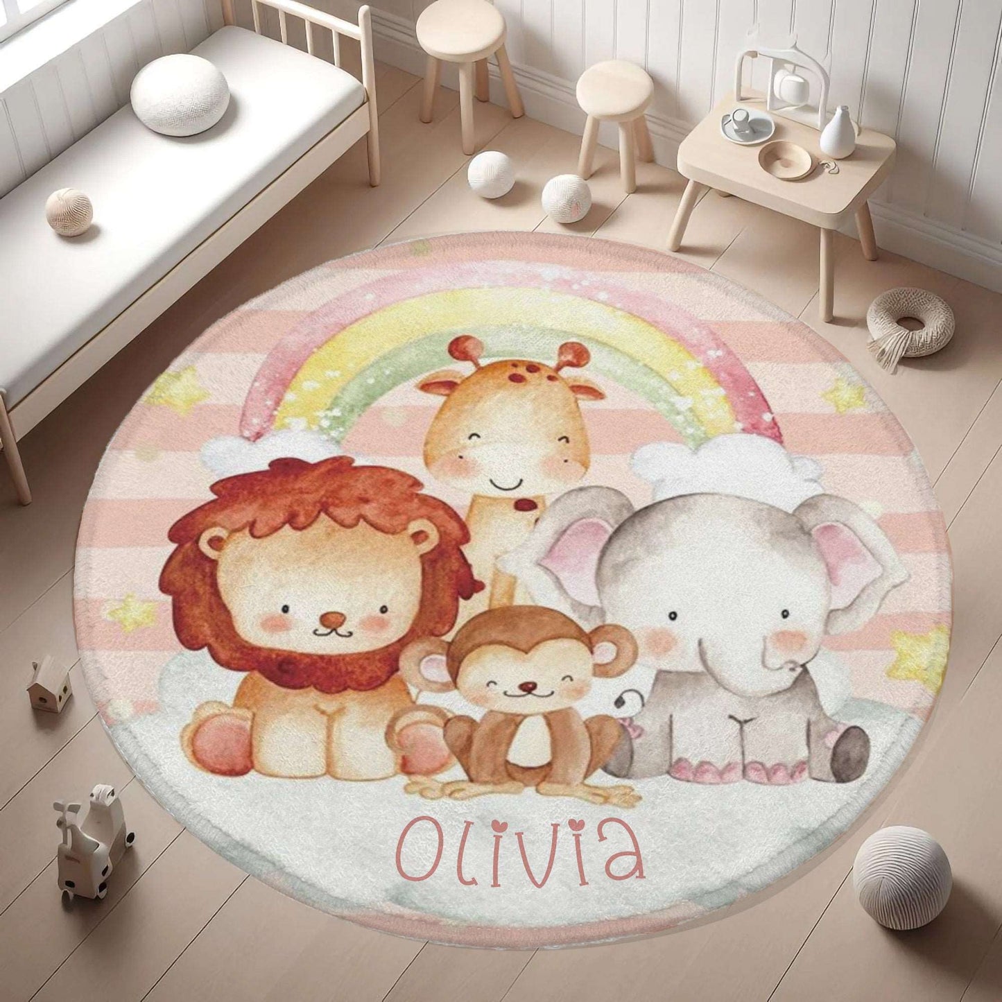 Rainbow Safari Animals Round Rug