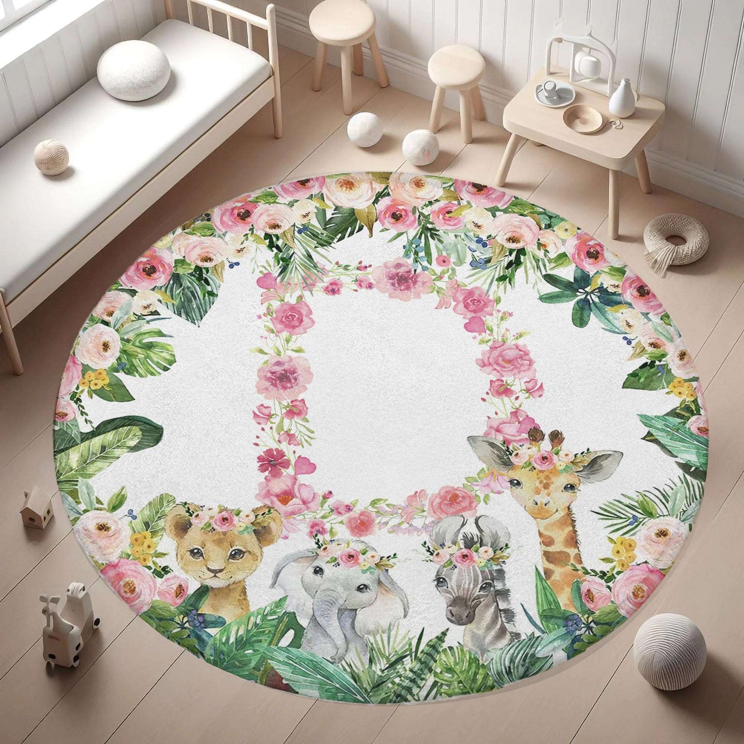 Safari Animals Floral Alphabet Round Rug