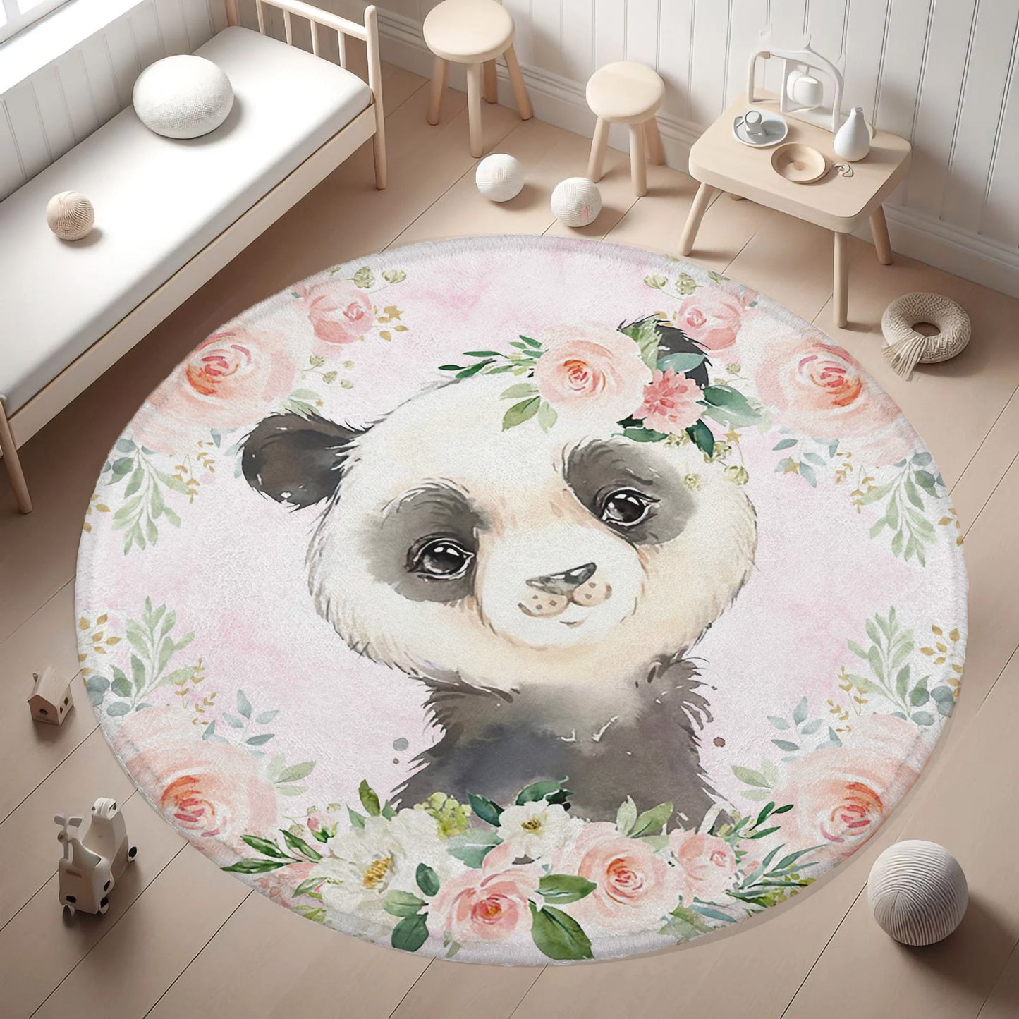 Baby Panda Rose Floral Round Rug
