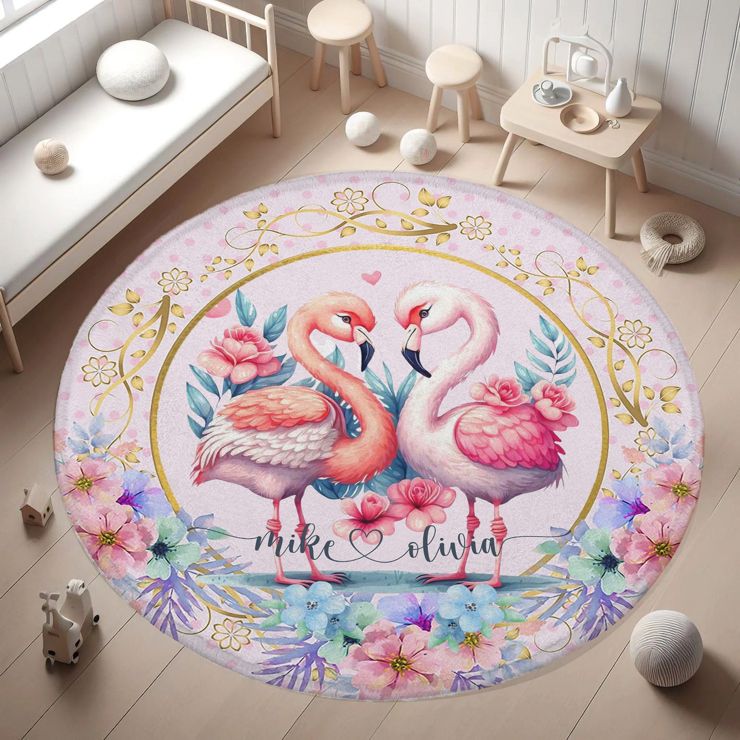 Flamingo Couple Love Round Rug