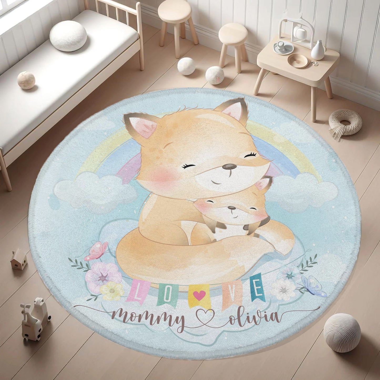 Mom And Baby Fox Round Rug