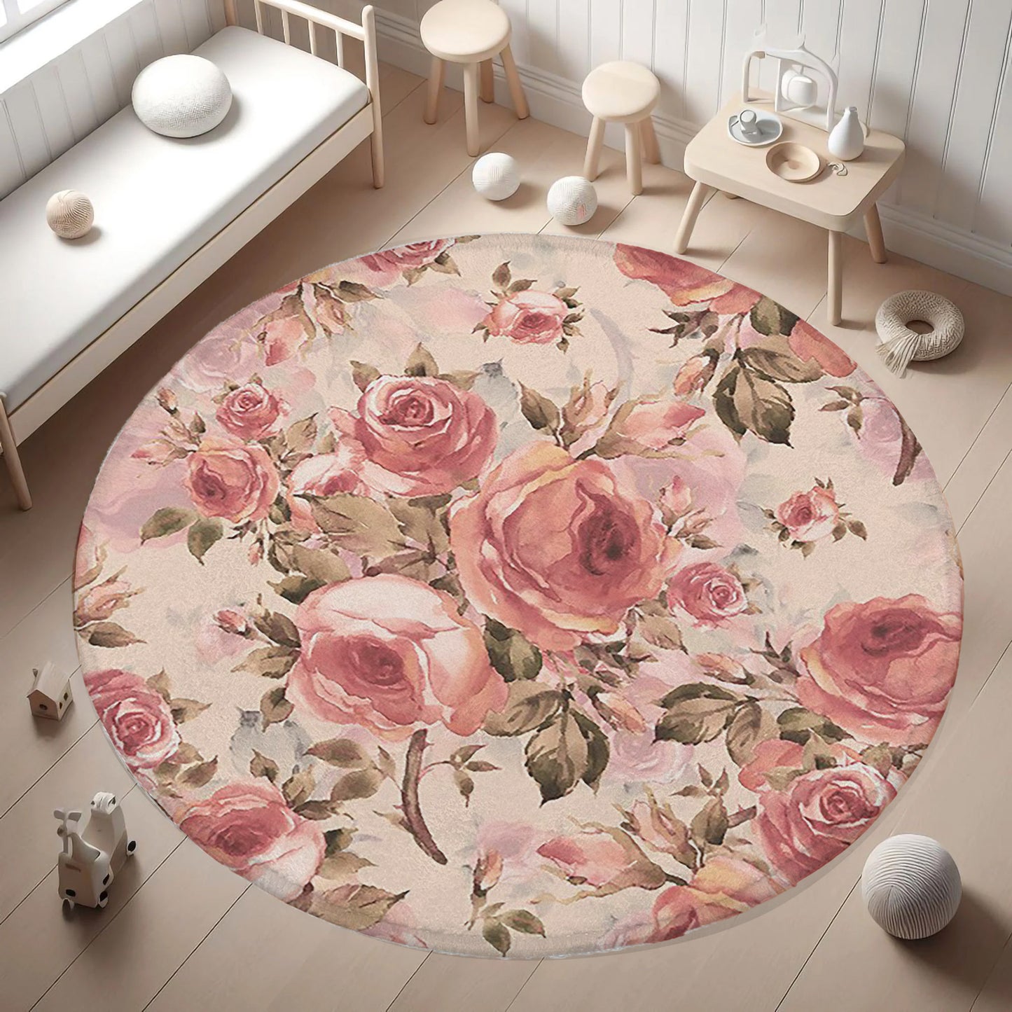 Vintage Rose Floral Round Rug