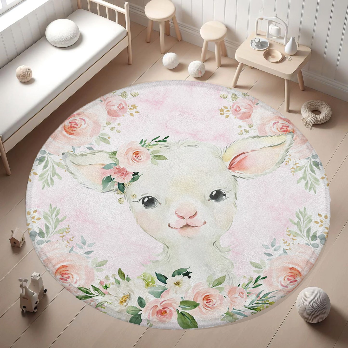 Baby Lamb Rose Floral Round Rug