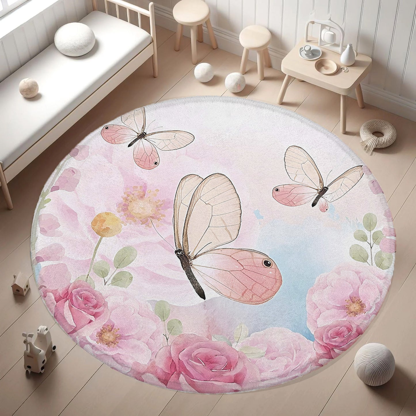Spring Floral Butterfly Round Rug