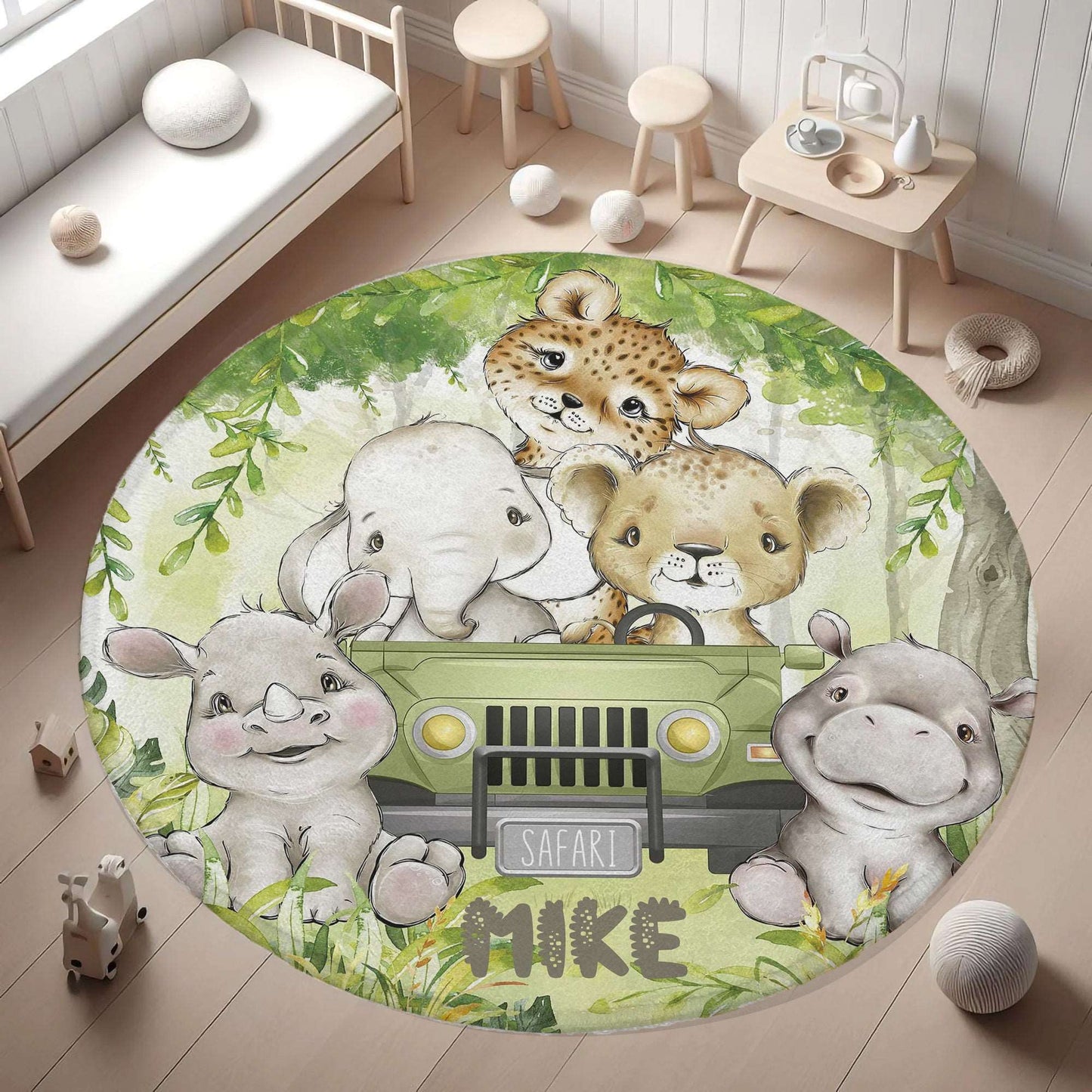 Safari Animals In Car Round Rug