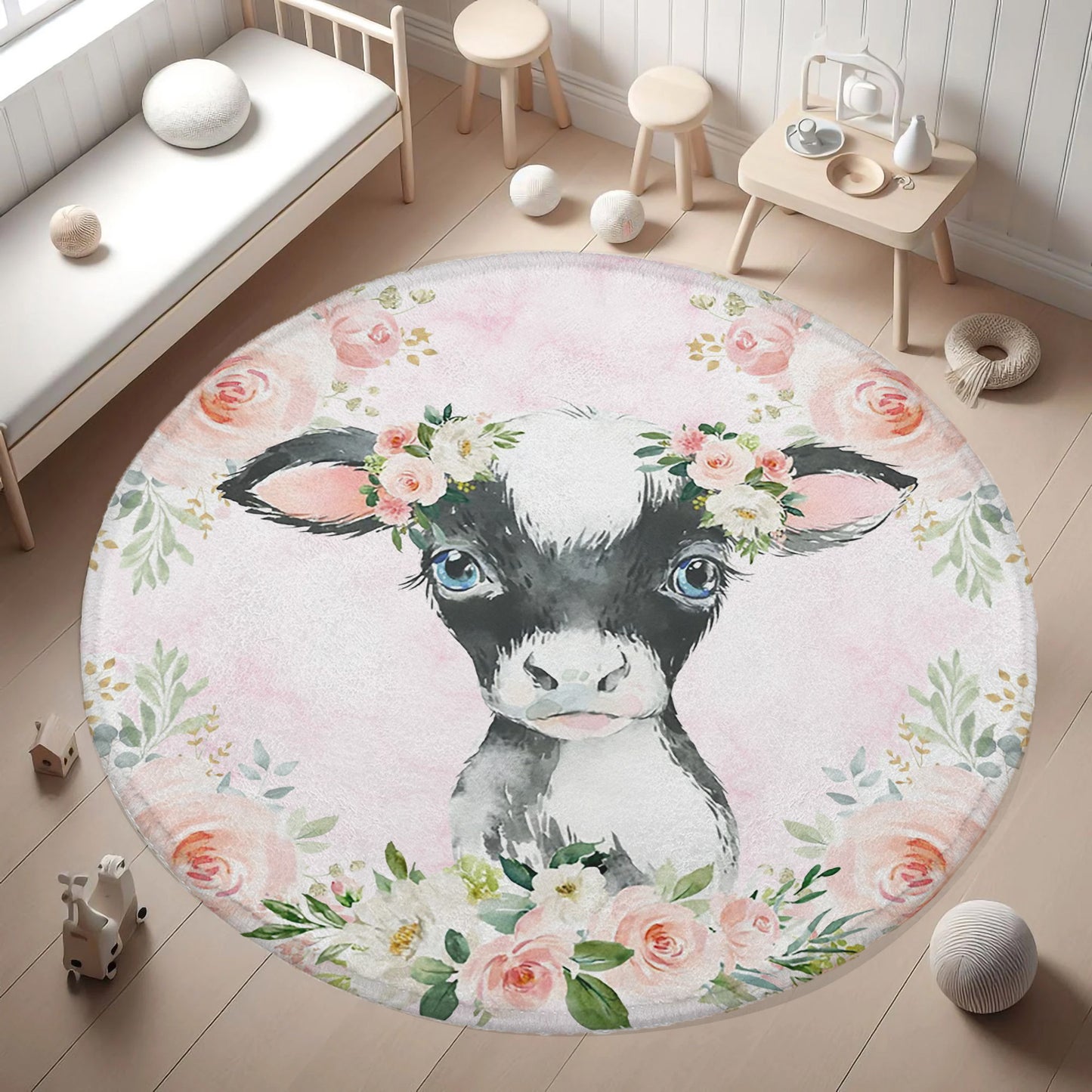Baby Cow Rose Floral Round Rug