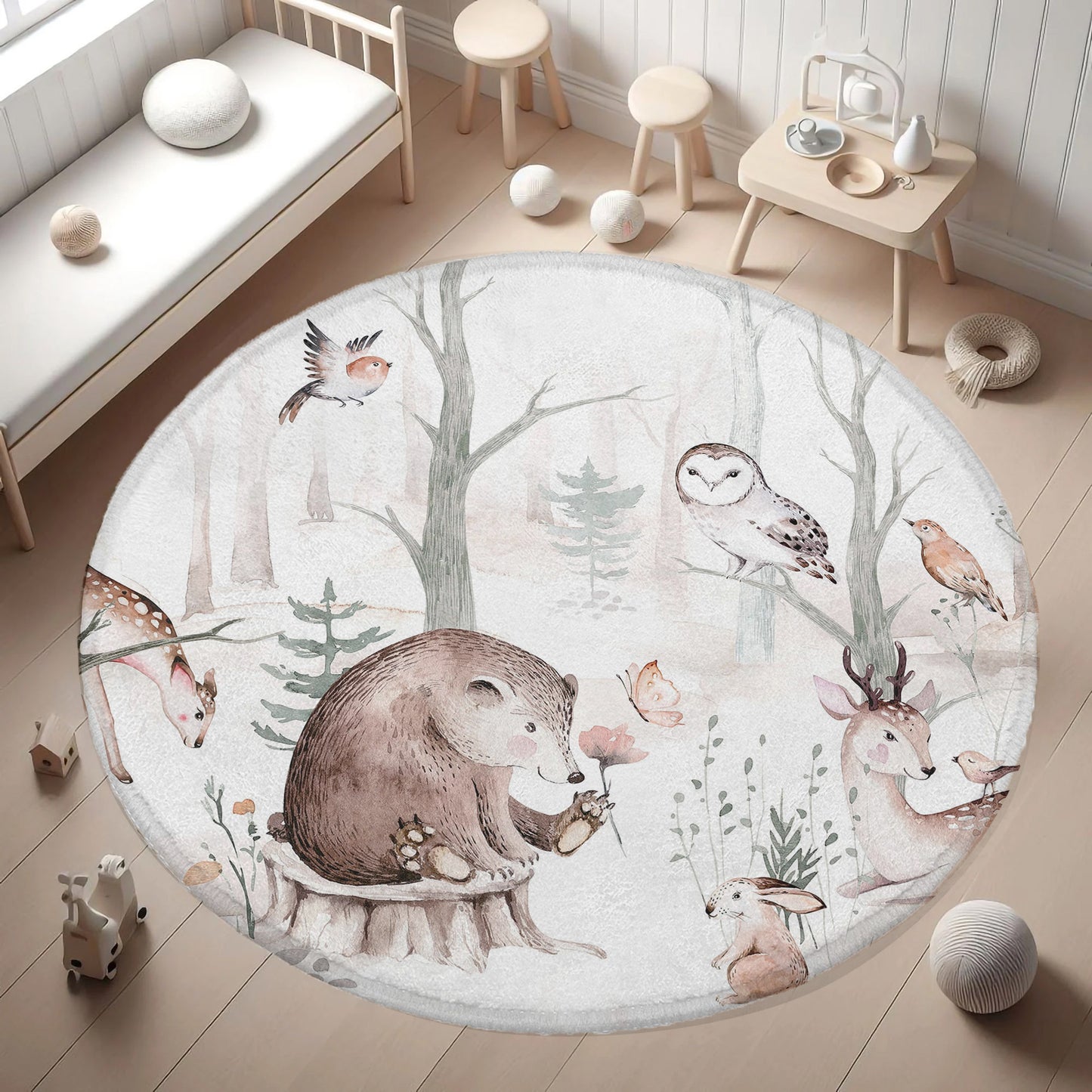 Winter Woodland Animals Round Rug