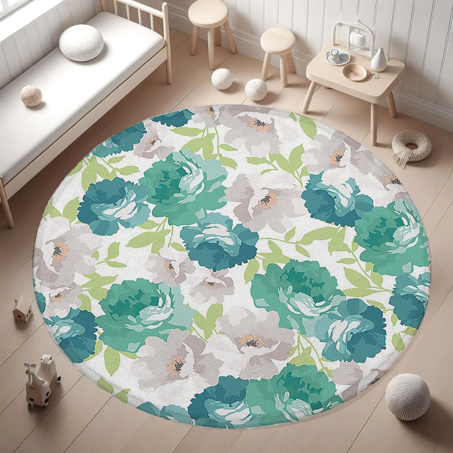 Green White Floral Round Rug